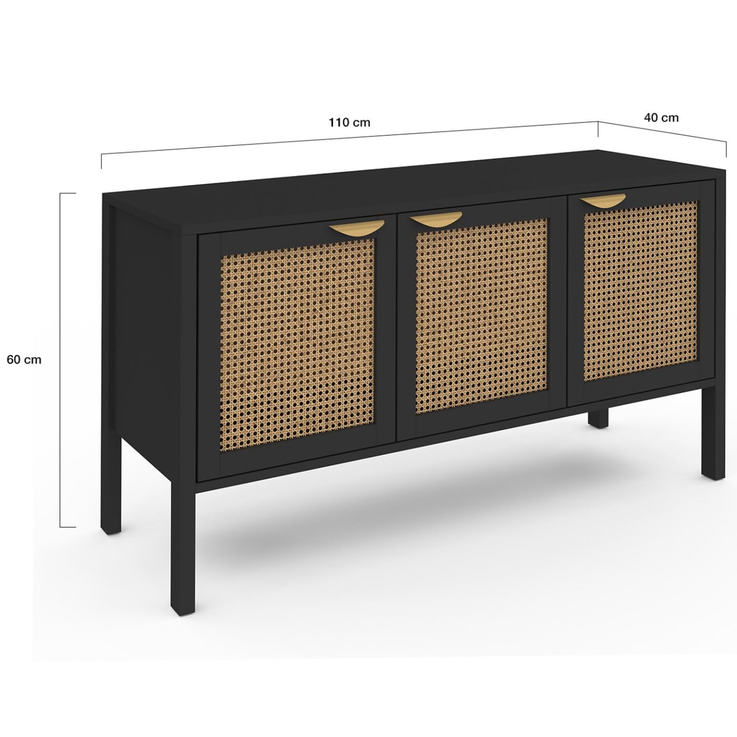 IDMarket - Buffet Bas 110 cm EDHEN 3 Portes Bois Noir et cannage