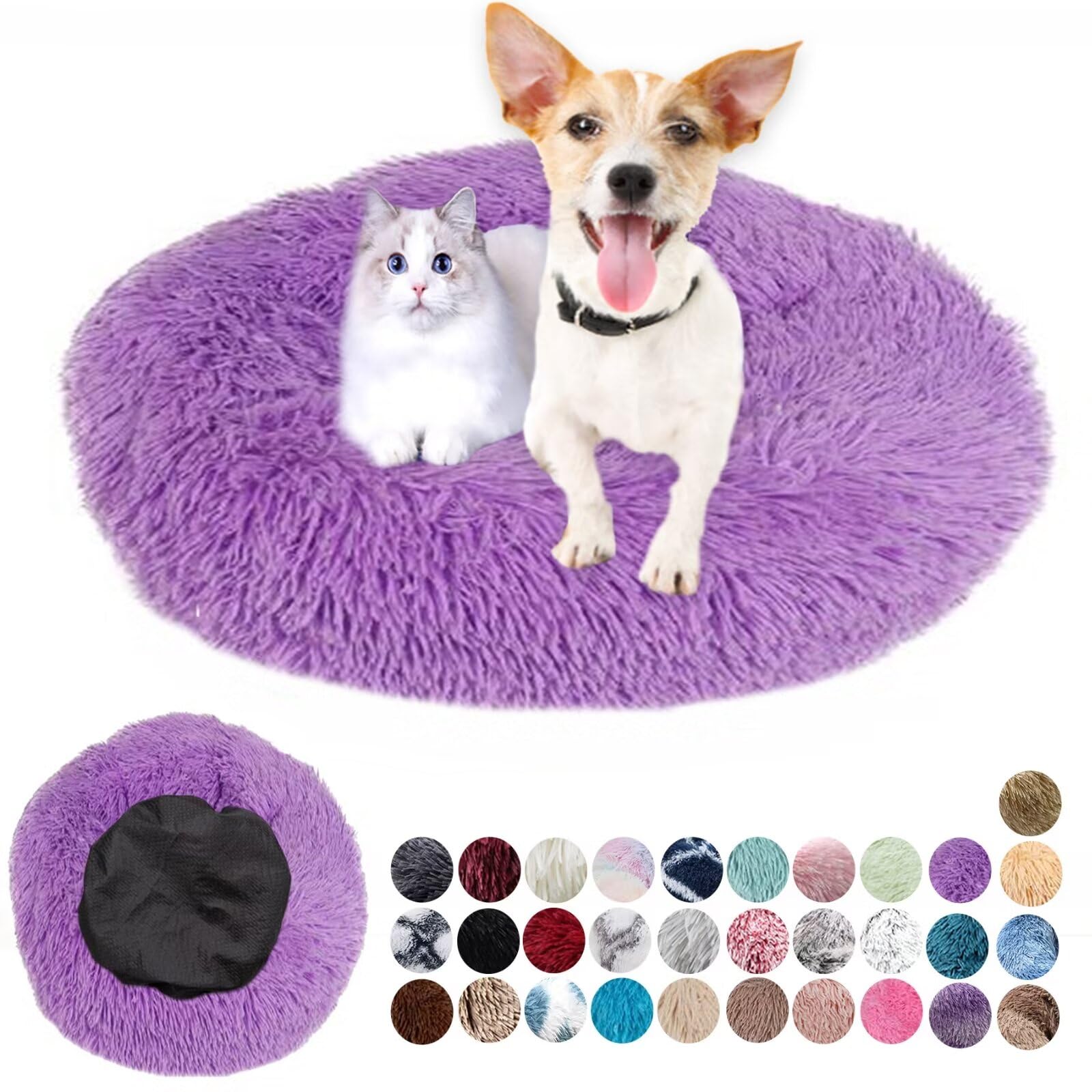 Purple Soft Fluffy Round Dog & Cat Bed - Anti Anxiety, Anti-Slip, Easily Washable - Medium 50cm