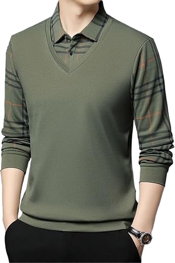Mens Faux Two Piece Lapel Long-Sleeve Tops, Mens Lapel Faux Two-Piece Warm Top, Fake Two Piece Shirt