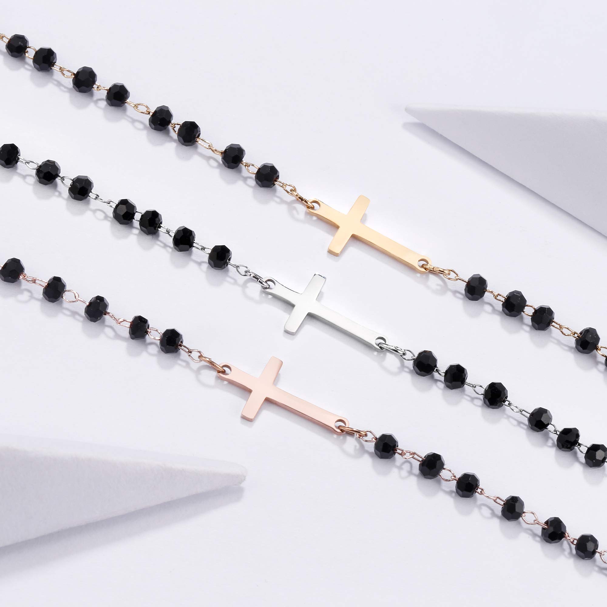 pengjin-Bracciale con ciondolo a quadrifoglio portafortuna, in acciaio inox, con perline nere, semplice braccialetto portafortuna