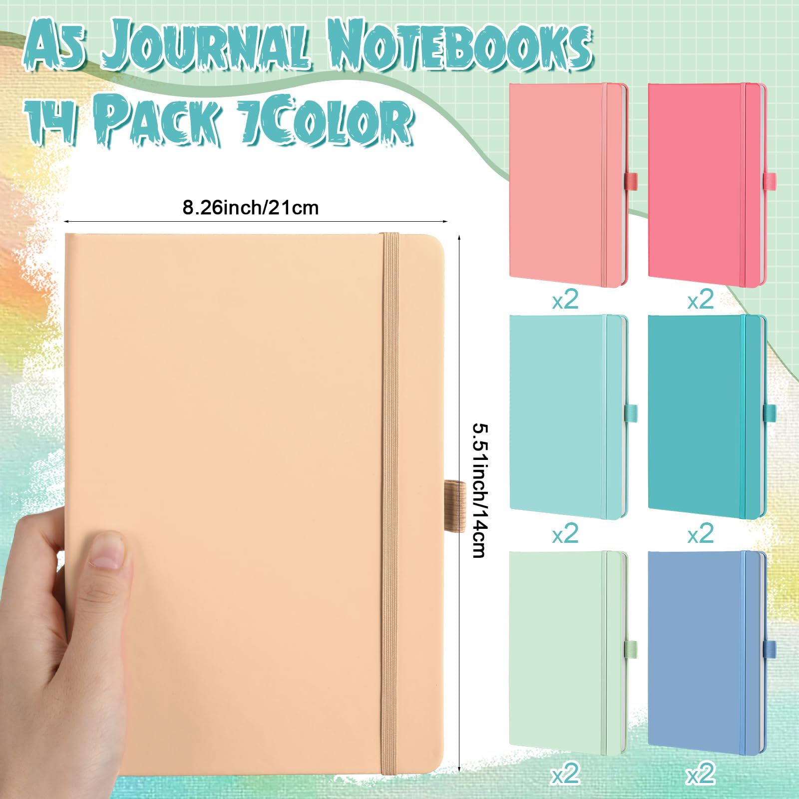 Laumoi Paquete de 14 cuadernos rayados de 5.5 x 8.2 pulgadas, cuaderno de tapa dura A5, bloc de notas con rayas universitarias con soporte para bolígrafo, diarios rayados de piel sintética para