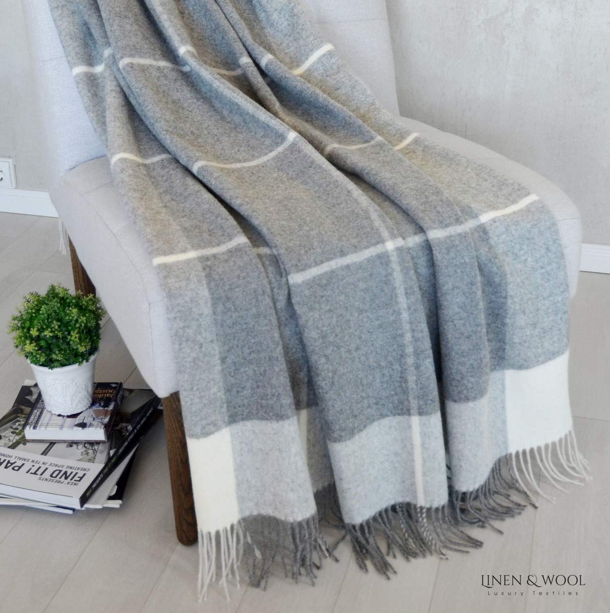 Linen & Cotton Manta Sofa/Mantas de Cama de Lujo Olivia a Cuadros - 100% Pura Lana Merino, Gris/Blanco (140 x 200cm) Plaid/Blanket/Funda Single Matrimonial de Lana Oveja Ideal para el Invierno