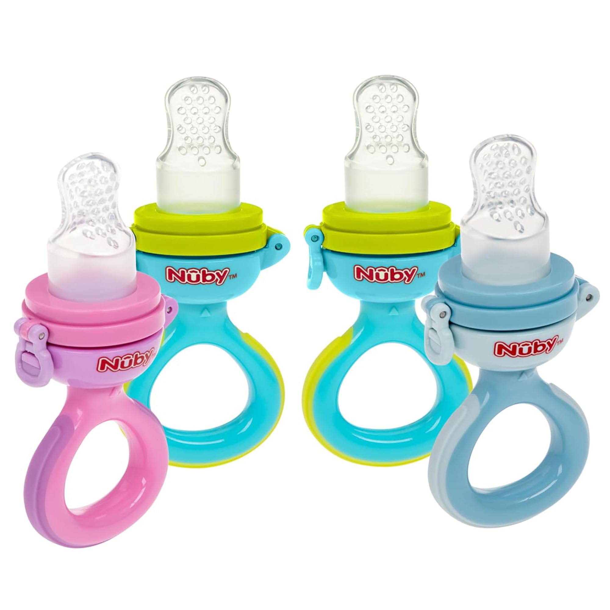 Nuby Babys First Food Dispenser with Hygienic Cover | Babys First Soft Foods and Teething | 2 Pack: Aqua & Blue or Pink & Aqua | Twist n' Feed | Promotes Self Feeding |10+ Months Colors Vary - 2 Pack