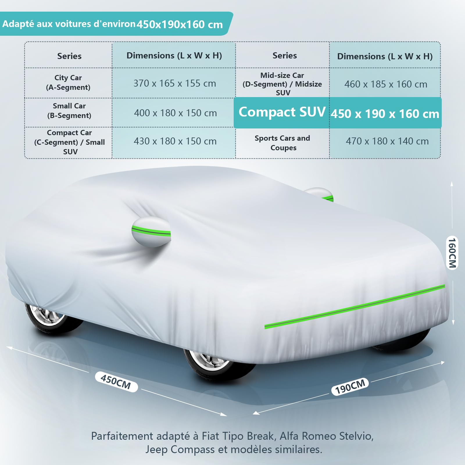 Bâche Voiture Extérieur Imperméable Anti-UV, Anti-Vent et Anti-poussière avec Fermeture Éclair Latérale, Housse pour Voiture 450 x 190 x 160 cm Argent (Compact SUV)