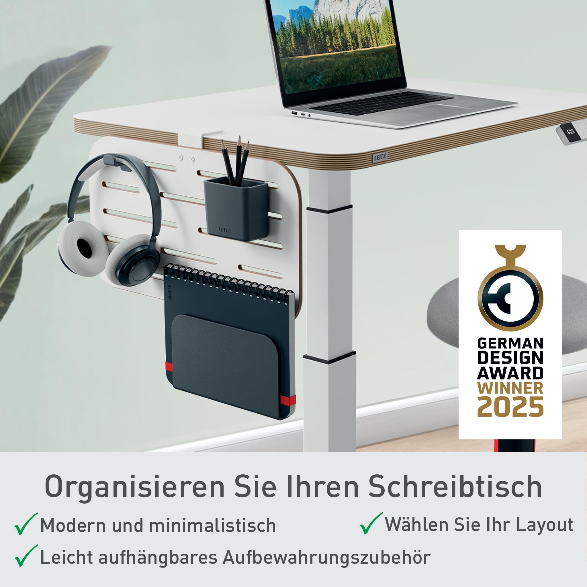 Leitz Ergo Kleiner Pegboard Schreibtisch-Organizer mit Zubehör, Hochwertige Stecktafel kompatibel mit Tischdicken bis 35mm, breite Hängeschlitze, Klammerbefestigung, 42 x 25 cm, Weiß, 65480000