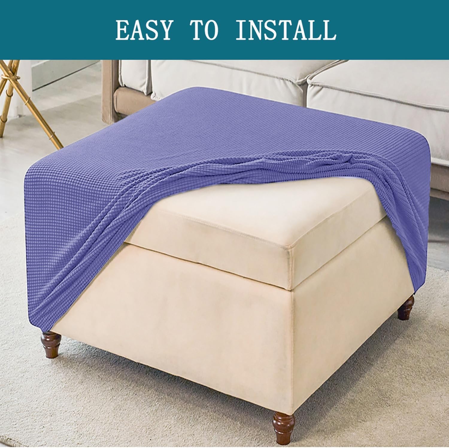 Stretch Ottoman Cover Square 100x100 120x120 90×90 cm Jacquard Foot Stool Slipcover 30x30 40×40 50×50 cm Custom Hassock Protector for Footrest Pouf Sofa Decorative(Beige,88x88cm)