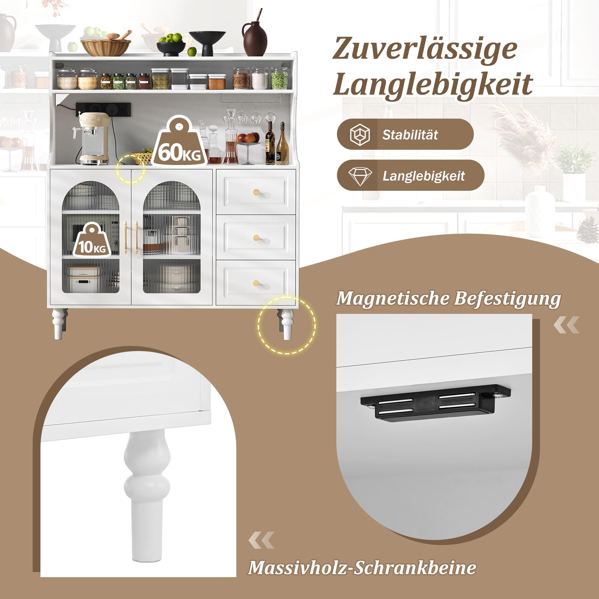 Küchenschrank Buffetschrank Höhe 138.5 cm mit Steckdosen und Stauraum, Hochschrank Sideboard mit Weinglashaltern, Barschrank Küchenschränke Highboard mit Schubladen, Küchenmöbel, Schrank Weiß