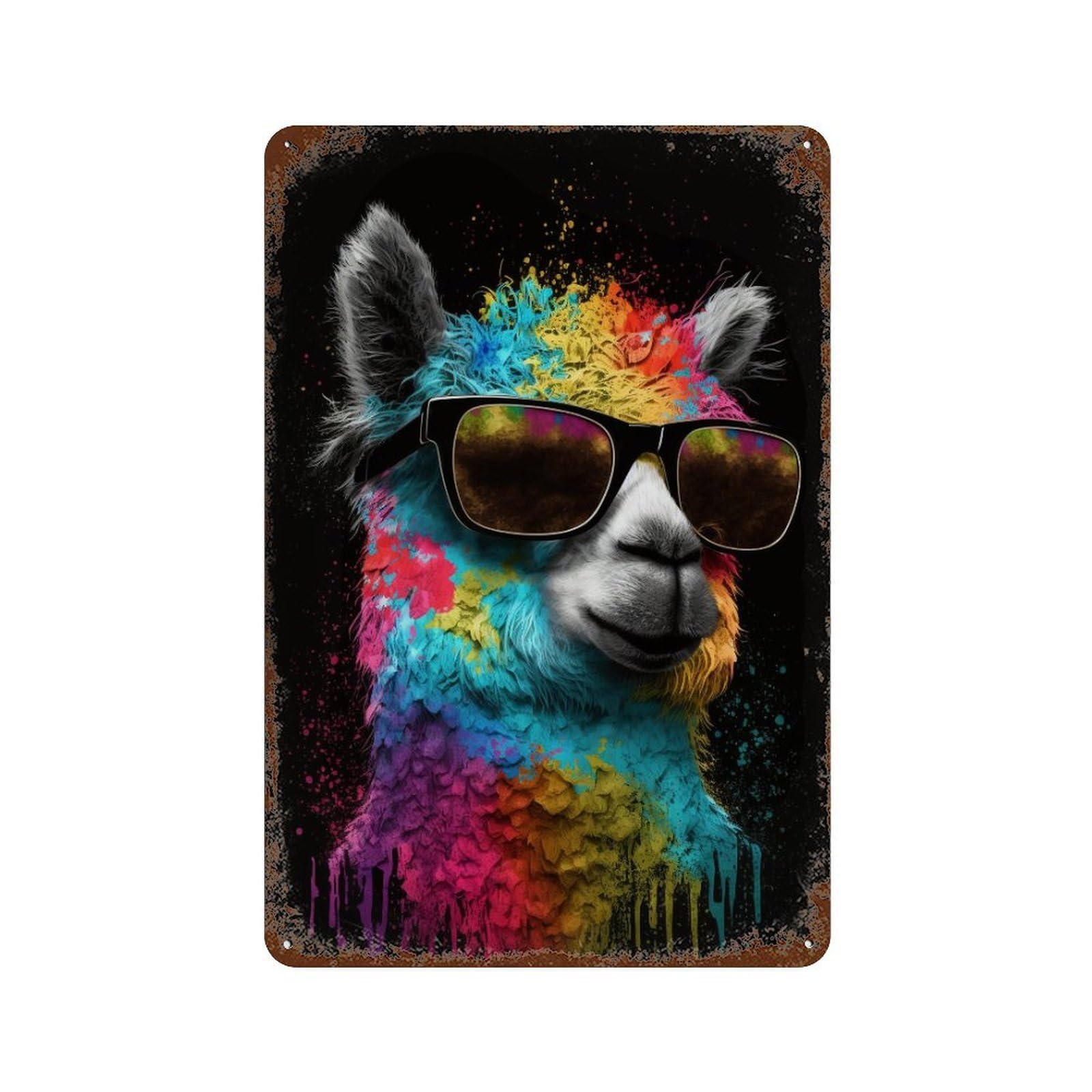 Colorful Llama Sunglasses Art Print-1 11.8"x7.9" Rust Effect Tin Sign, Vintage Wall Decor for Farmhouse, Kitchen And Entryway Decor