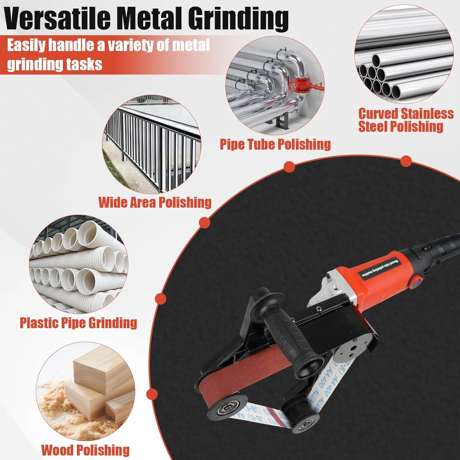 Pipe Tube Polisher Sander, 110V 800W Pipe Belt Sander, 6-Speed Adjustable 500-10000RPM, Handheld Grinder with 50 Pcs Sanding Belts for Finishing, Polishing, Rust Removal