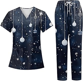 Christmas Scrubs Set for Women Nurse Uniform Top & Pants with Multi Pocket for Nurse Esthetician Workwear