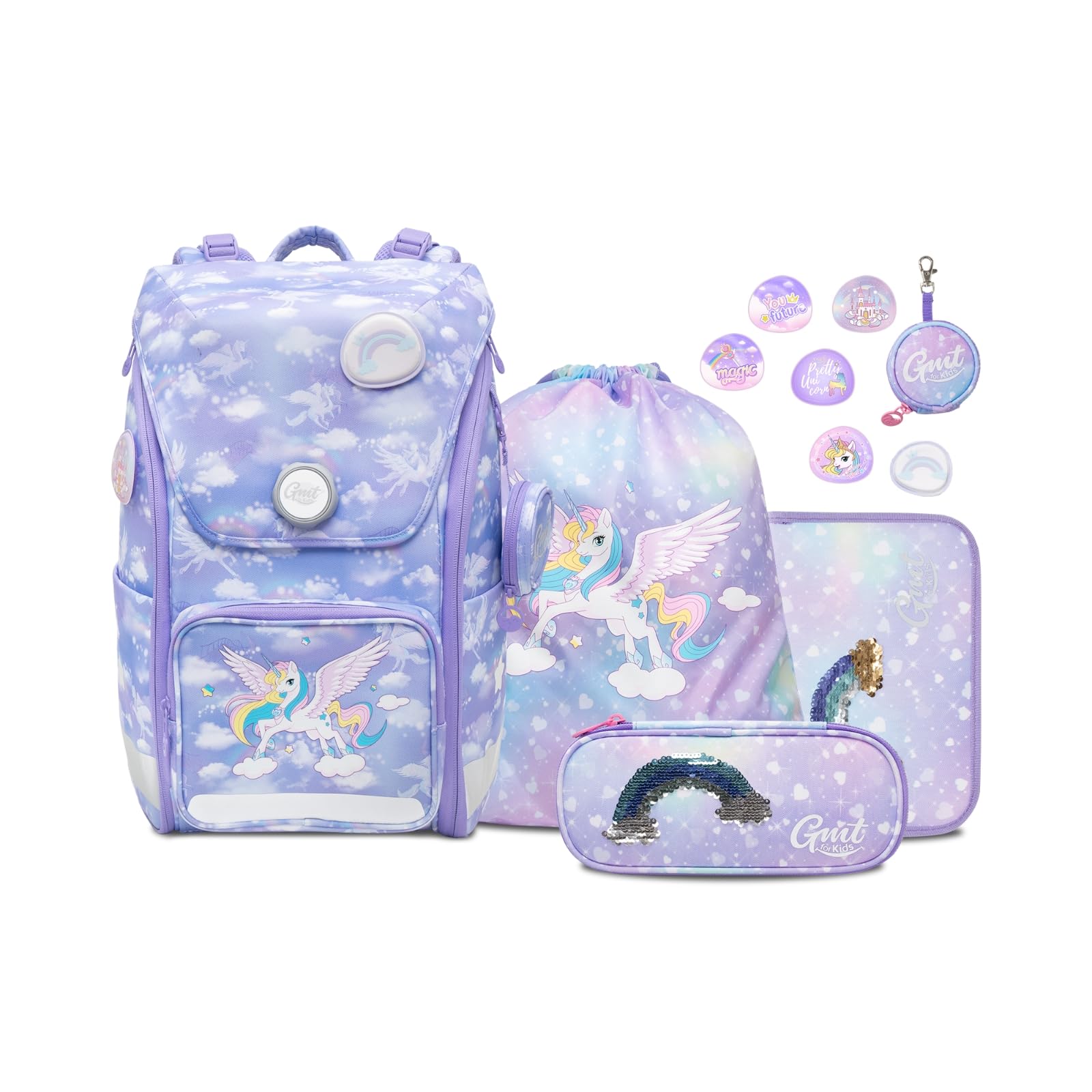 GMT for Kids Schulrucksack Set 6-teilig Ergonomische Volumen erweiterbar Schultasche Mädchen Junge Kinder Schulranzen Grundschule Einhorn Schultaschen 1-6. Klasse Rucksack 23 L