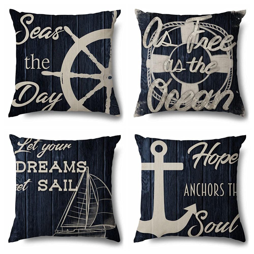 4 Federe Per Cuscini Quadrati In Cotone Lino 35x35 Cm - Blu Oceano Fronte/retro, Cerniera Nascosta, Per Divano E Soggiorno - 2