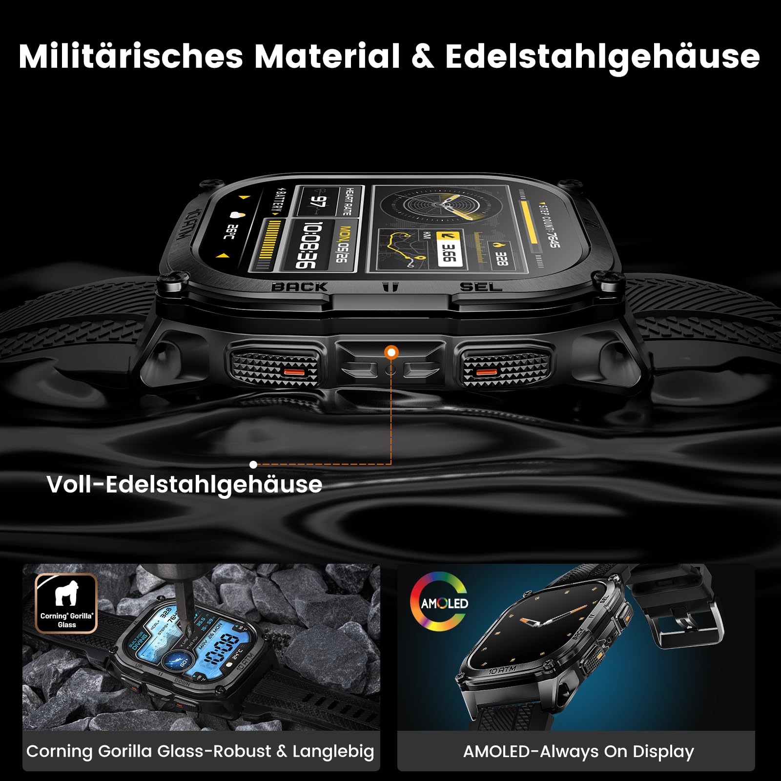 KOSPET Tank M4 Robuste Smartwatch Herren, Dual-Band GPS, Offline-Karten | Edelstahlgehäuse, 1,96" AMOLED-Display, 100 m Wasserdicht, 45 m Freitauchen, 6 Satellitensysteme GPS Militär Smart Watch