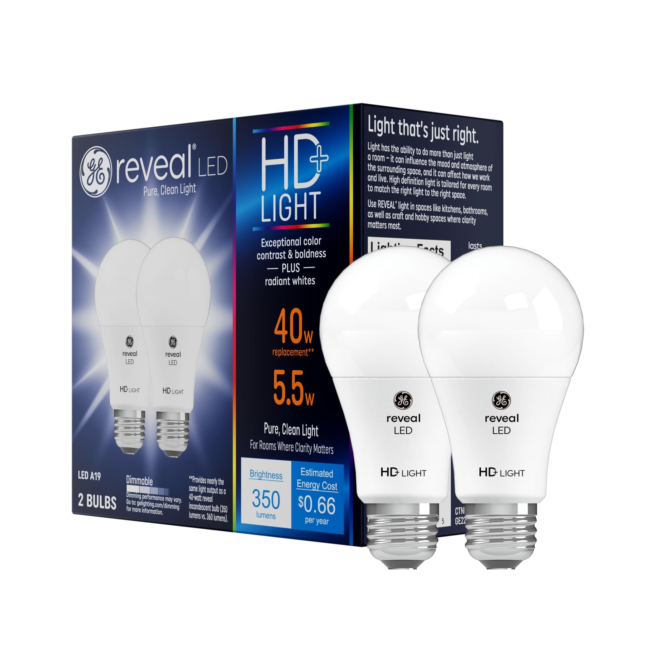 GE Reveal HD+ LED Light Bulbs, 40 Watt, A19 (2 Pack)