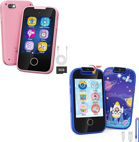 Juguetes de teléfono inteligente rosa para niños con cámara dual y teléfono azul con cámara giratoria de 180, juguetes de teléfono para niños con