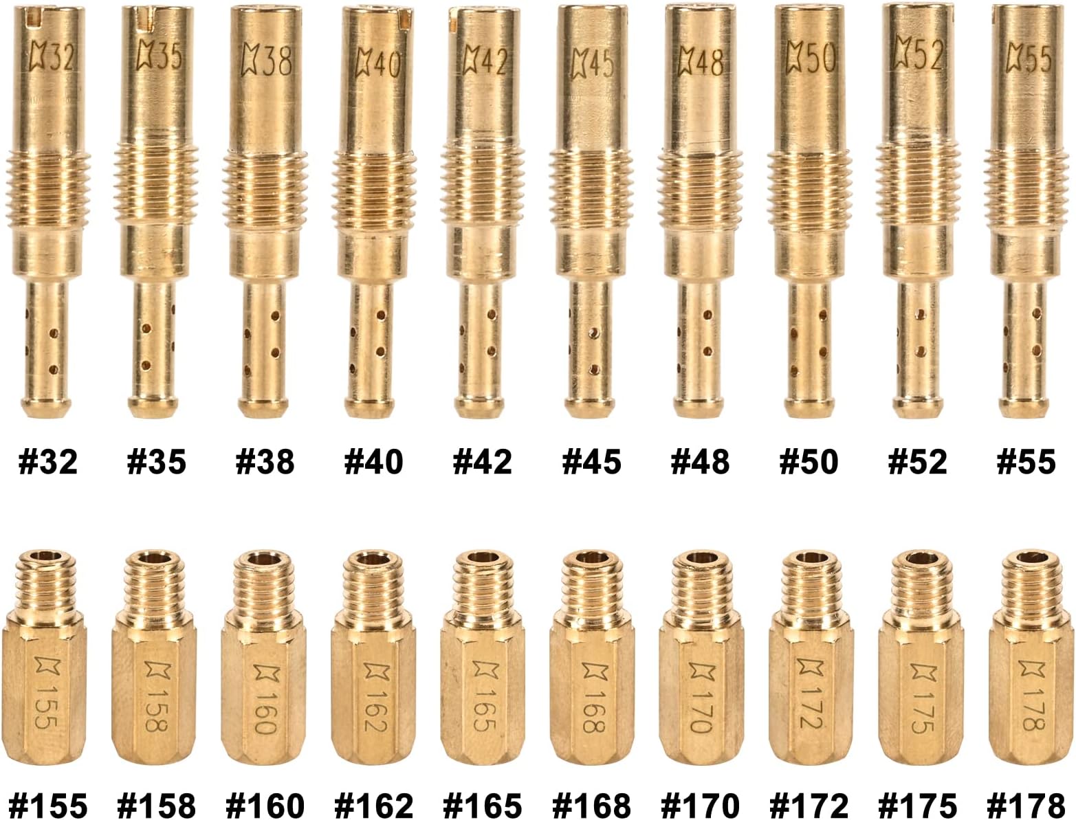 20PCS Carburetor Repair Accessories Kits, 10PCS Carburetor Main Jets and 10 Pcs Slow Pilot Jets Compatible for PWK Keihin FCR OKO KOSO PE, Brass Jet Kits (20PCS-D)