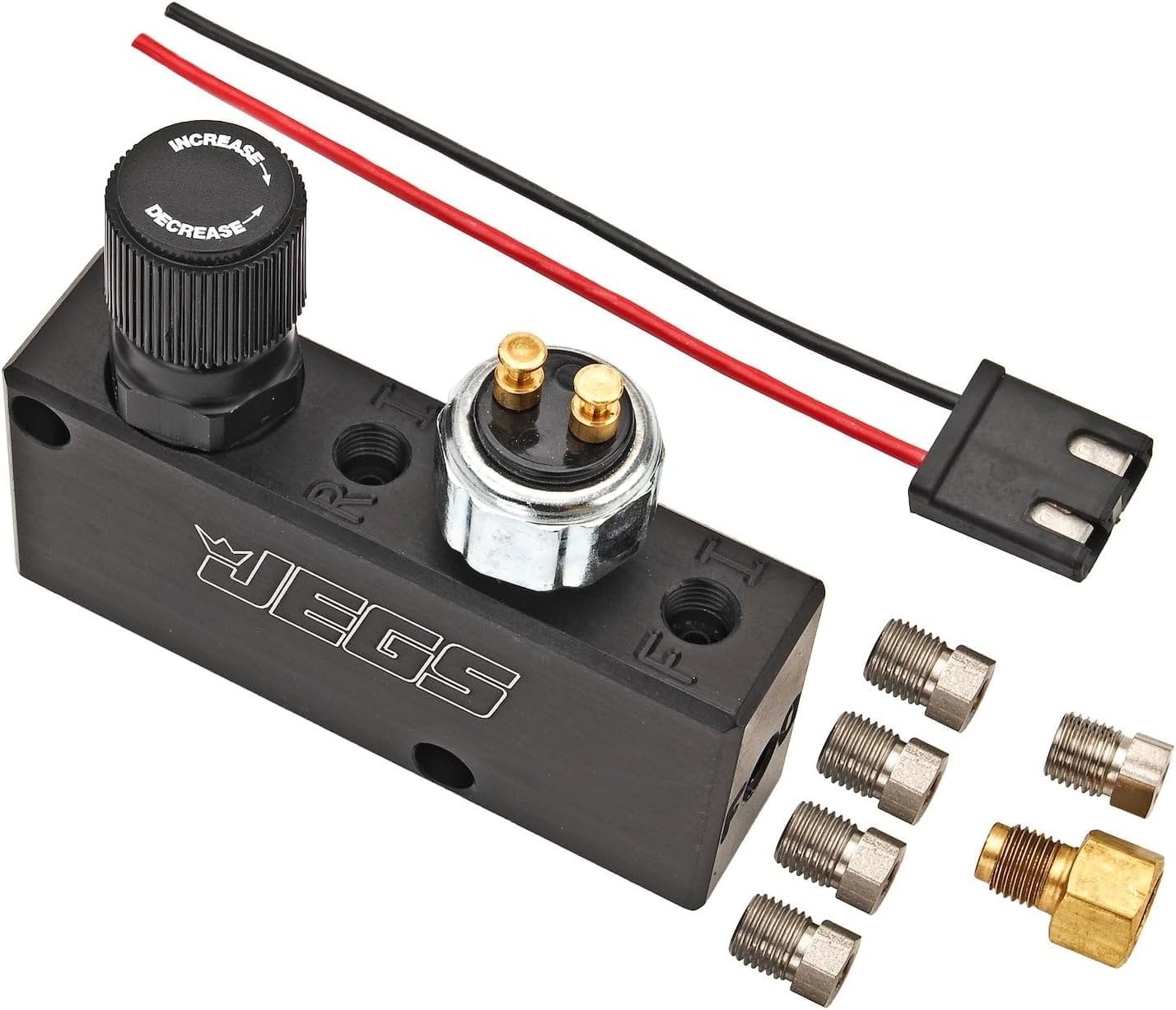 JEGS Adjustable Proportioning Valve And Distribution Block | 3/8"-24 IF Inlet/Outlet for 3/16" Brake Lines | Rotary Knob | Includes 5 Fittings, Brake Light Switch, And Wiring Pigtail