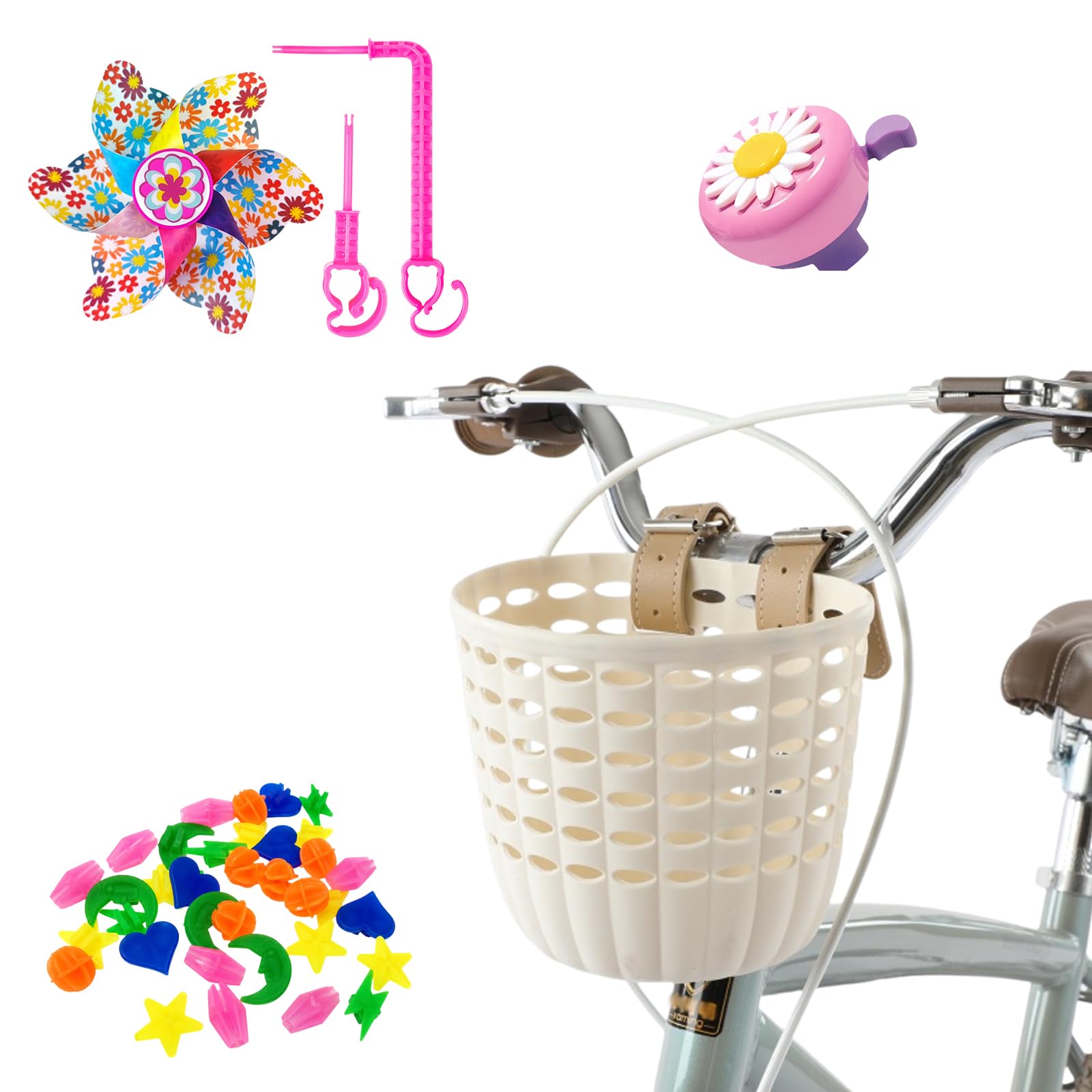 4-in-1 Bike Basket Set for Kids, White Basket Bell Windmill Glow Spokes