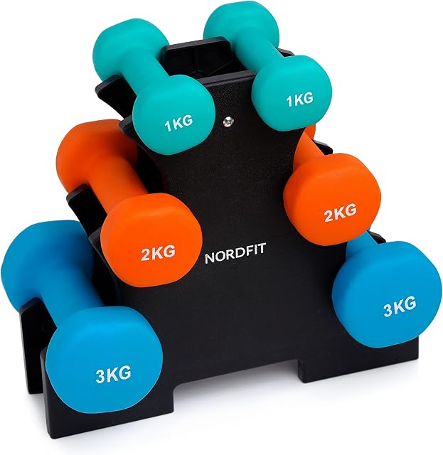 Dumbbell Set with Rack 1kg, 2kg and 3kg Pairs of Dumbbell Weights Neoprene Coated Colourful Fitness and Home Gym Equipment by Nordfit