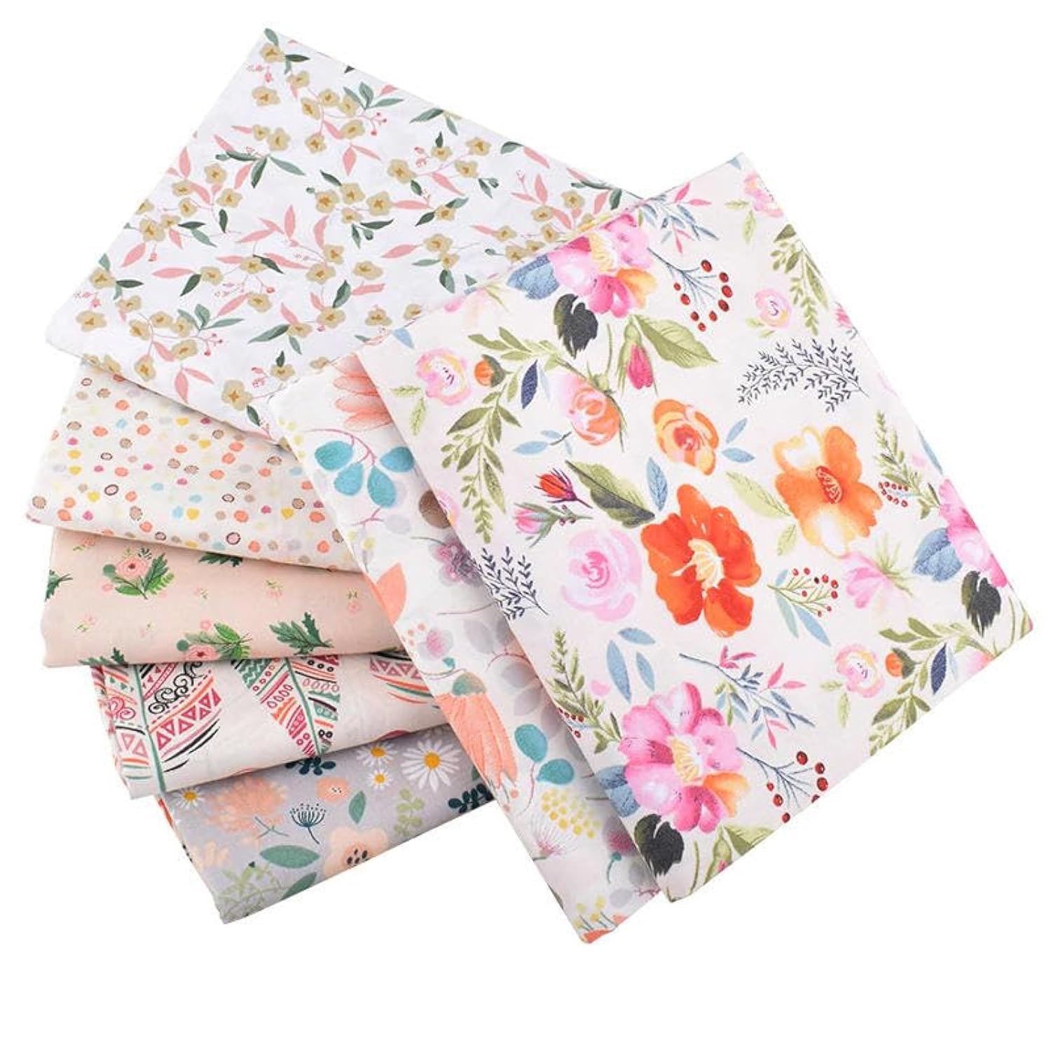 Craftsfabrics White 7Pcs/Lot Floral Fabric Bundles 100% Cotton 25X25cm Wide Twill Printed Precut Squares For Quilting, Arts, Crafts, Diy Projects