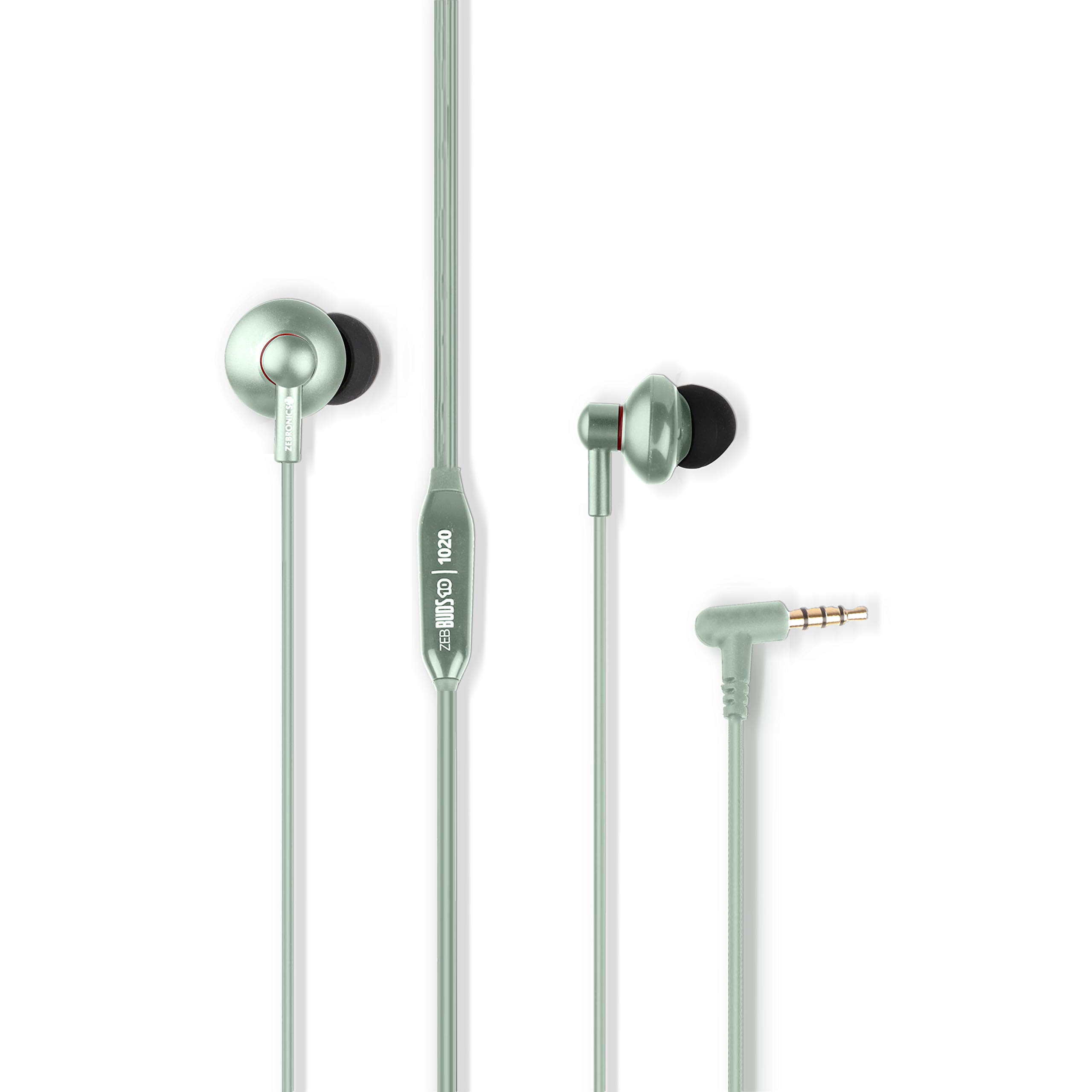 Zeb-Buds 10 (Green) In Ear Wired Earphones with Mic, Metallic Design, L Shaped Connector, 13.5mm NdFeb Drivers