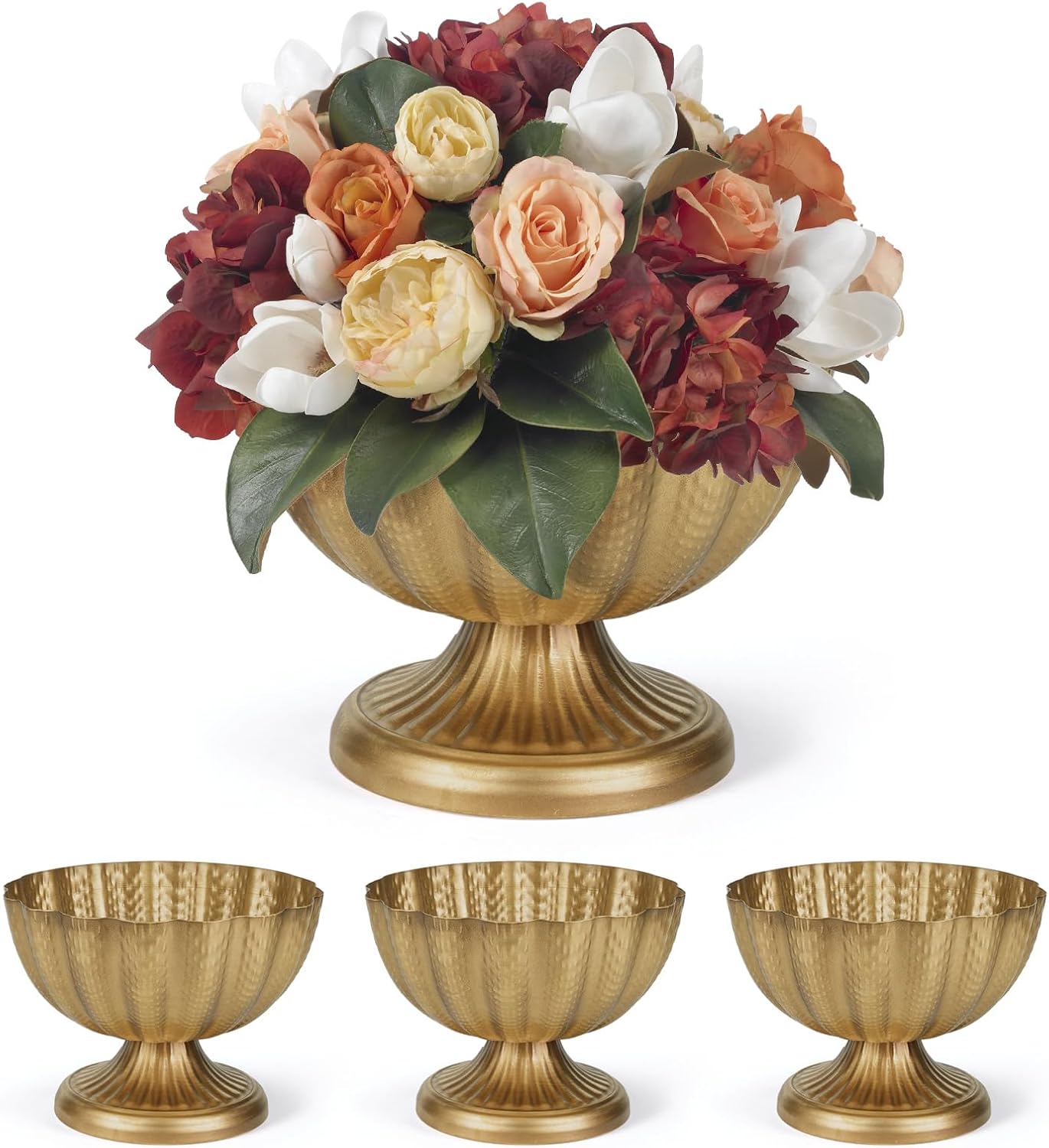 Set of 4, 9'' Wide 6.5'' High Distressed Gold Compote Pedestal Vases, Antique Metal Large Gold Compote Bowl Vase for Centerpieces with Waterproof Liner 6.5 inch