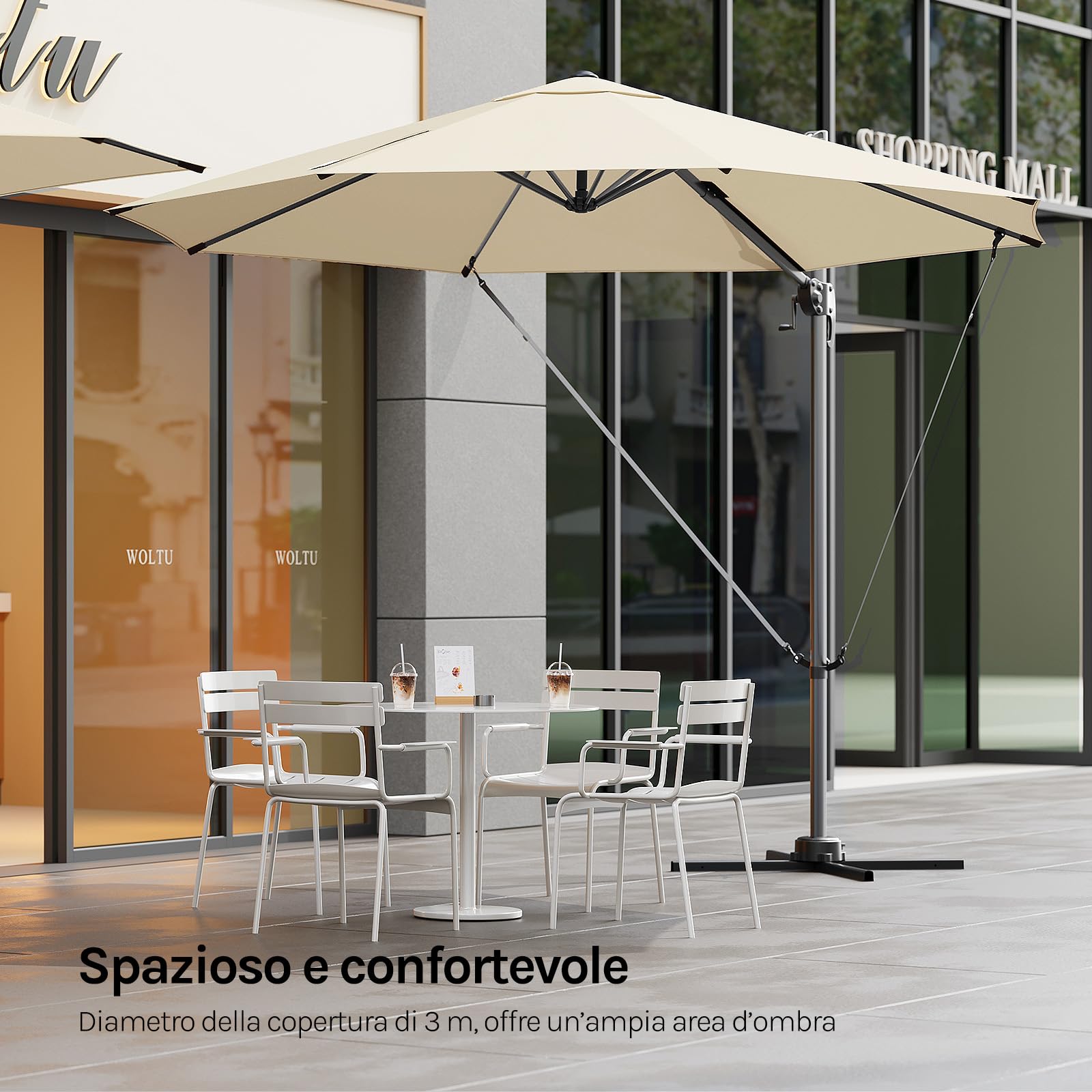 WOLTU Ombrellone da Giardino Rotondo 3 m, Rotazione 360° con 5 Livelli di Inclinazione, Ombrellone da Esterno UPF 50+ con Copertura, Corde Antivento, Palo in Metallo e Base in Acciaio