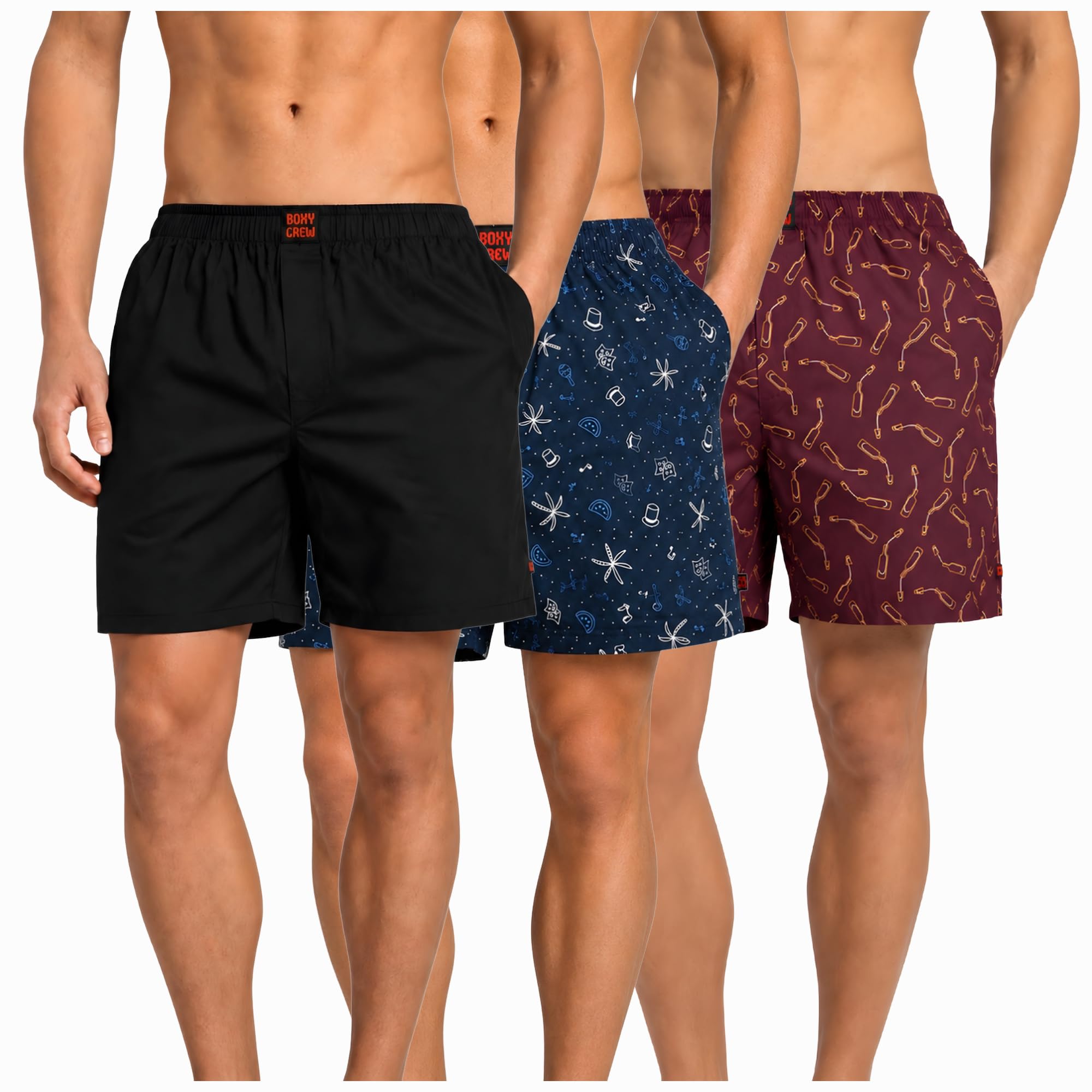 boxy crew Men's 100% Cotton Boxer Shorts Pack of 3, Black, Navy Blue & Maroon | Woven Boxers with Side Pockets, No-Marks Elastic Waistband, Breathable Relaxed Fit | Style 001-007-014-picture-55