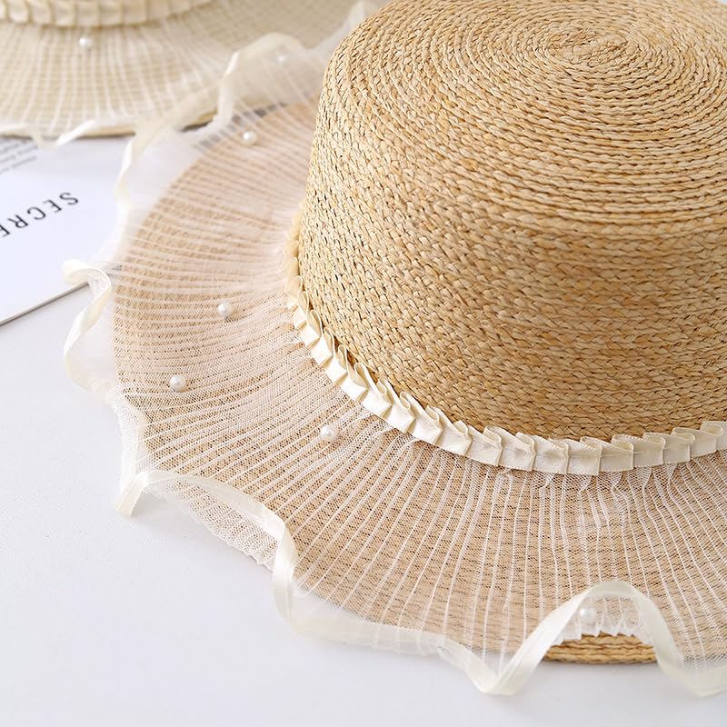 Sombrero de Paja de ala Ancha Ajustable para Mujer,con Visera y Encaje de Perla,Protección UV,Cómodo y Transpirable, Playa y Actividades Al Aire Libre