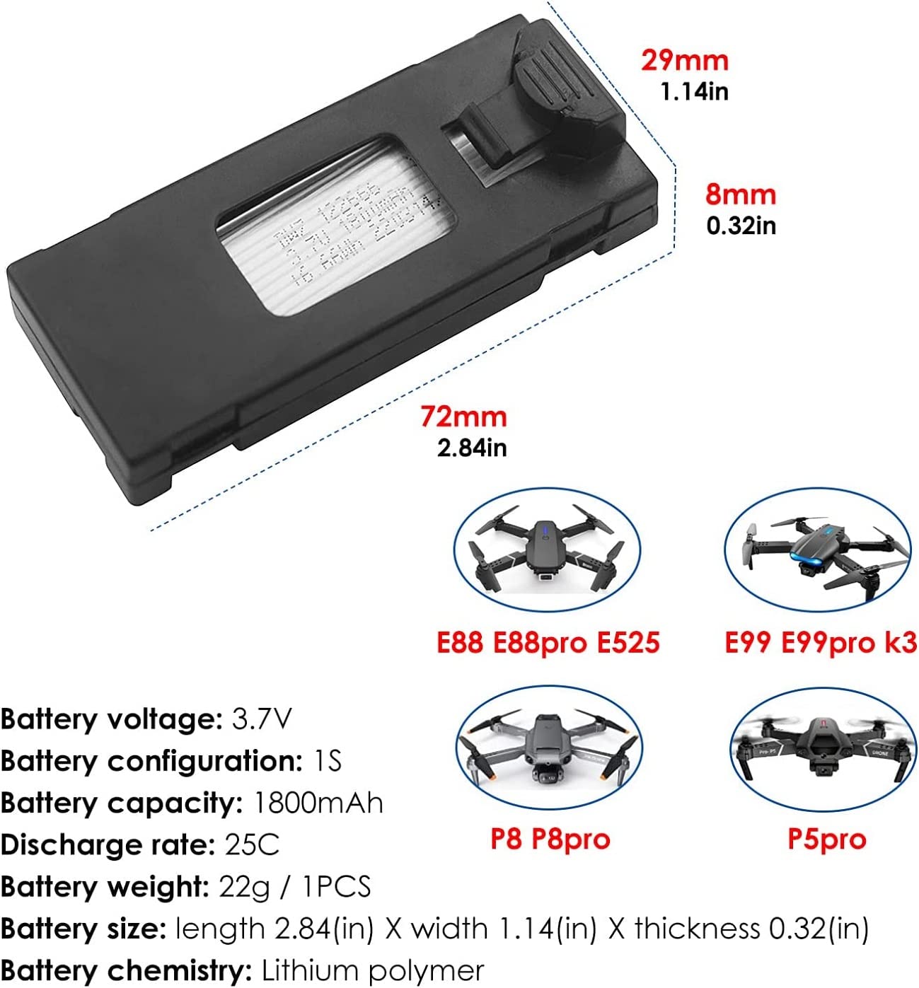 Batterie Lithium Drone 3,7V 1800mAh – Compatible E88, E88PRO, LSE525, E525 Pro – 5 Batteries + Câble De Charge