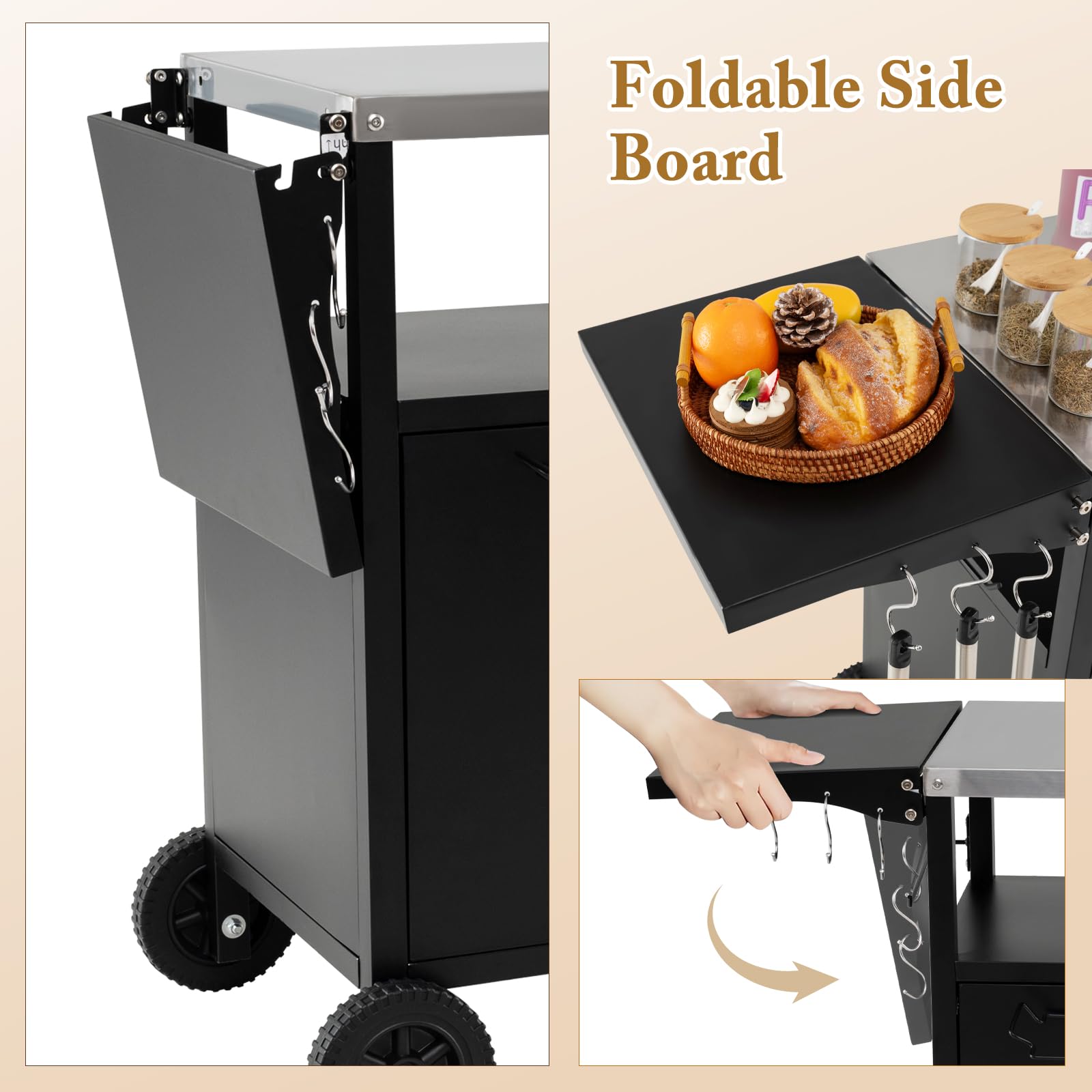 GIANTEX Carrito de barbacoa para exteriores, mesa de barbacoa con encimera de acero inoxidable y mesa lateral plegable, carrito de cocina con ruedas, mesa auxiliar con soporte para bolsa de basura