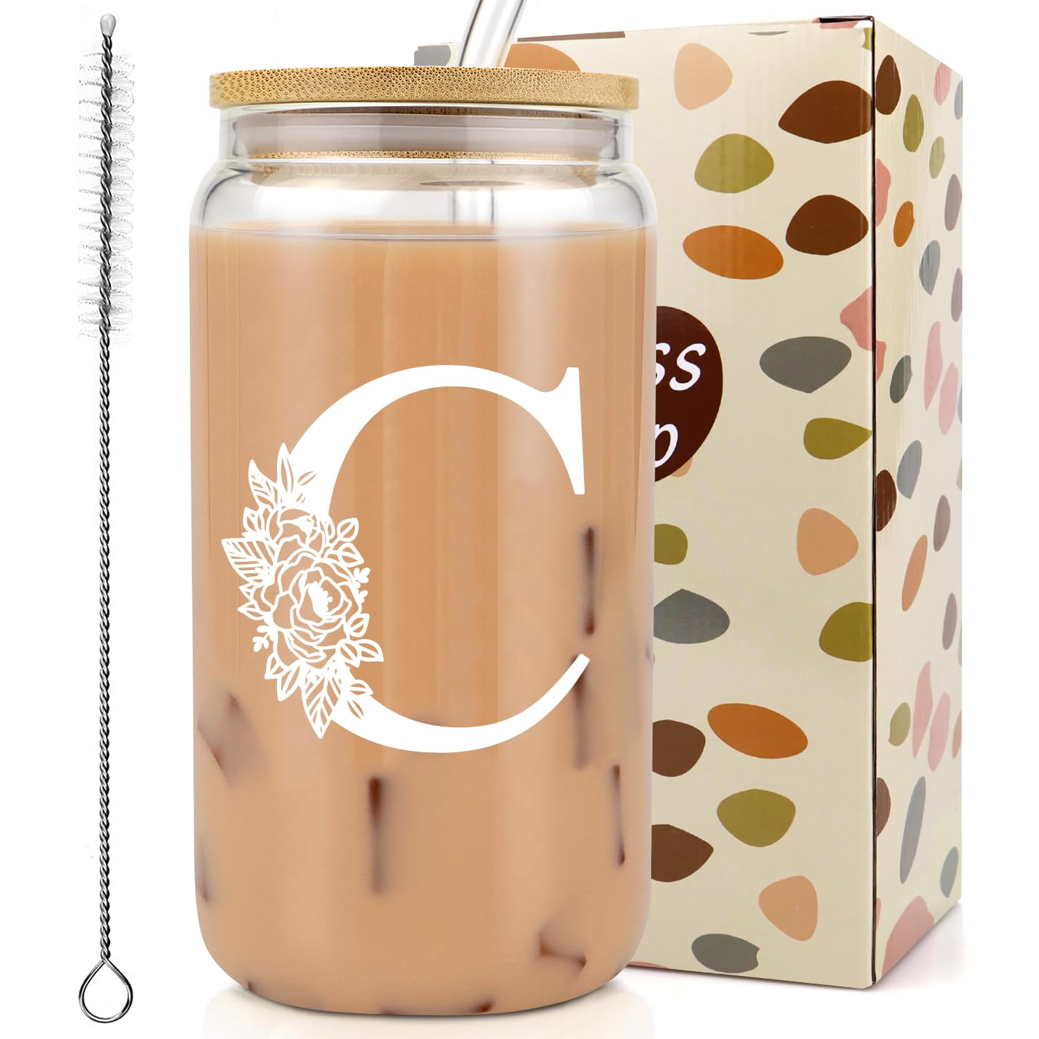 Vanleonet Initial Glass Cup, Monogrammed Gifts for Women-16 Oz Glass Cups W/Bamboo Lids Straws, Personalized Birthday Gift for Women, Gifts for Her, Iced Coffee Cups for Mother,Wife,Girlfriend