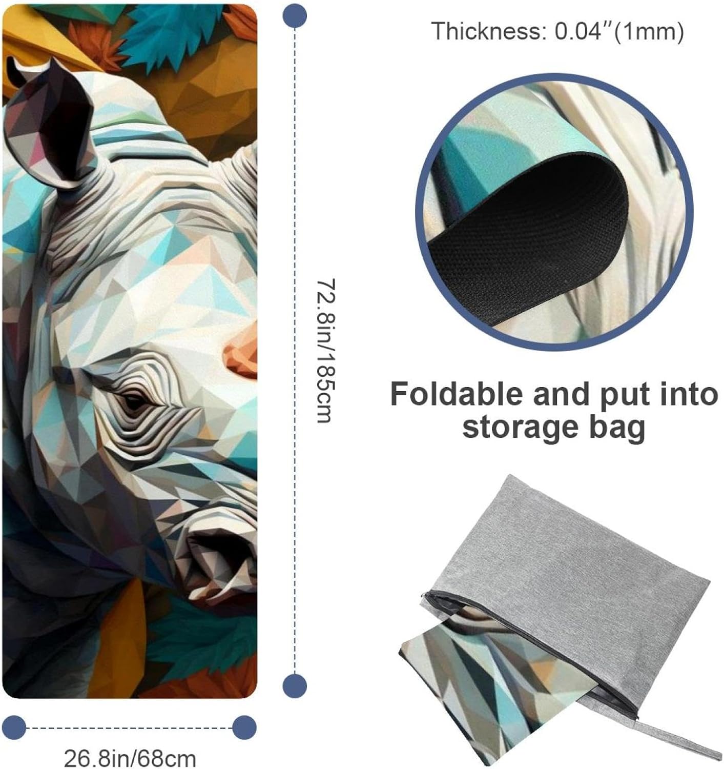 Yoga Towel, Rhino Animal Print Non Slip Sweat Absorbent Hot Yoga Mat Towel for Hot Yoga, Pilates and Fitness - 72.8" x 26.8"