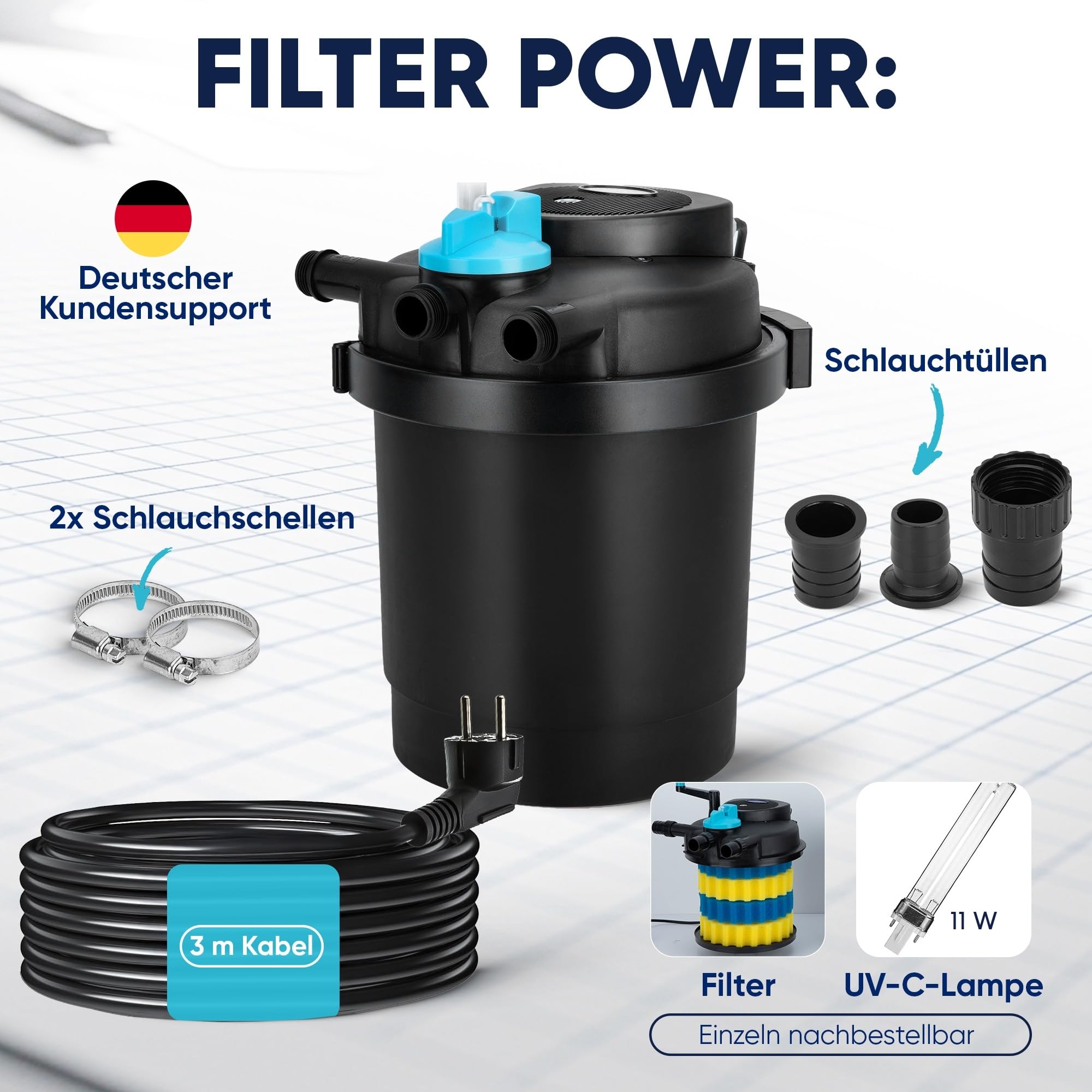 Teicher Teichdruckfilter mit UV Lampe 11 W UVC Klärer Teich Filteranlage Druckfilter 6000 l/h