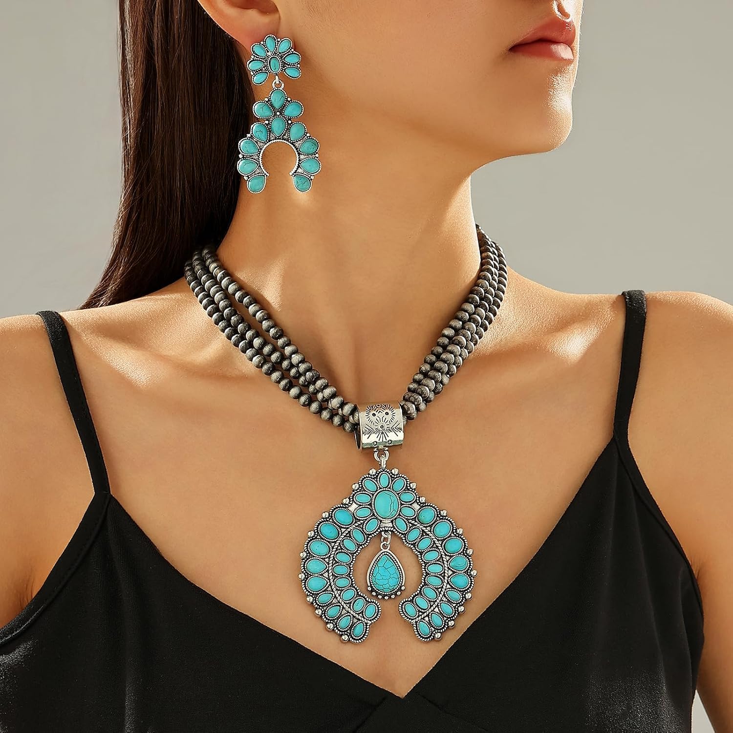 Turquoise Jewelry for Women – Western Jewelry Set with Necklace & Earring, Vintage Boho Cowgirl Accessories Adjustable Western Necklaces for Women Country Jewelry Gift for Her