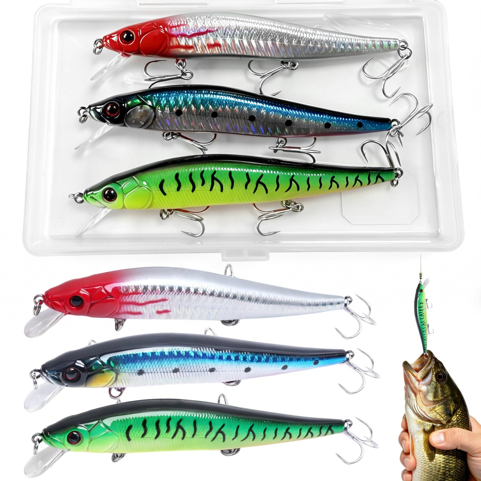 Realure 2/3 Pcs Topwater Floating Minnow Lures, 110mm 14g Hard Fishing Baits with 3 Carbon Steel Treble Hooks, 3D Realistic Eyes, for Bass, Pike, Trout, Mackerel, Freshwater & Saltwater Shore Fishing