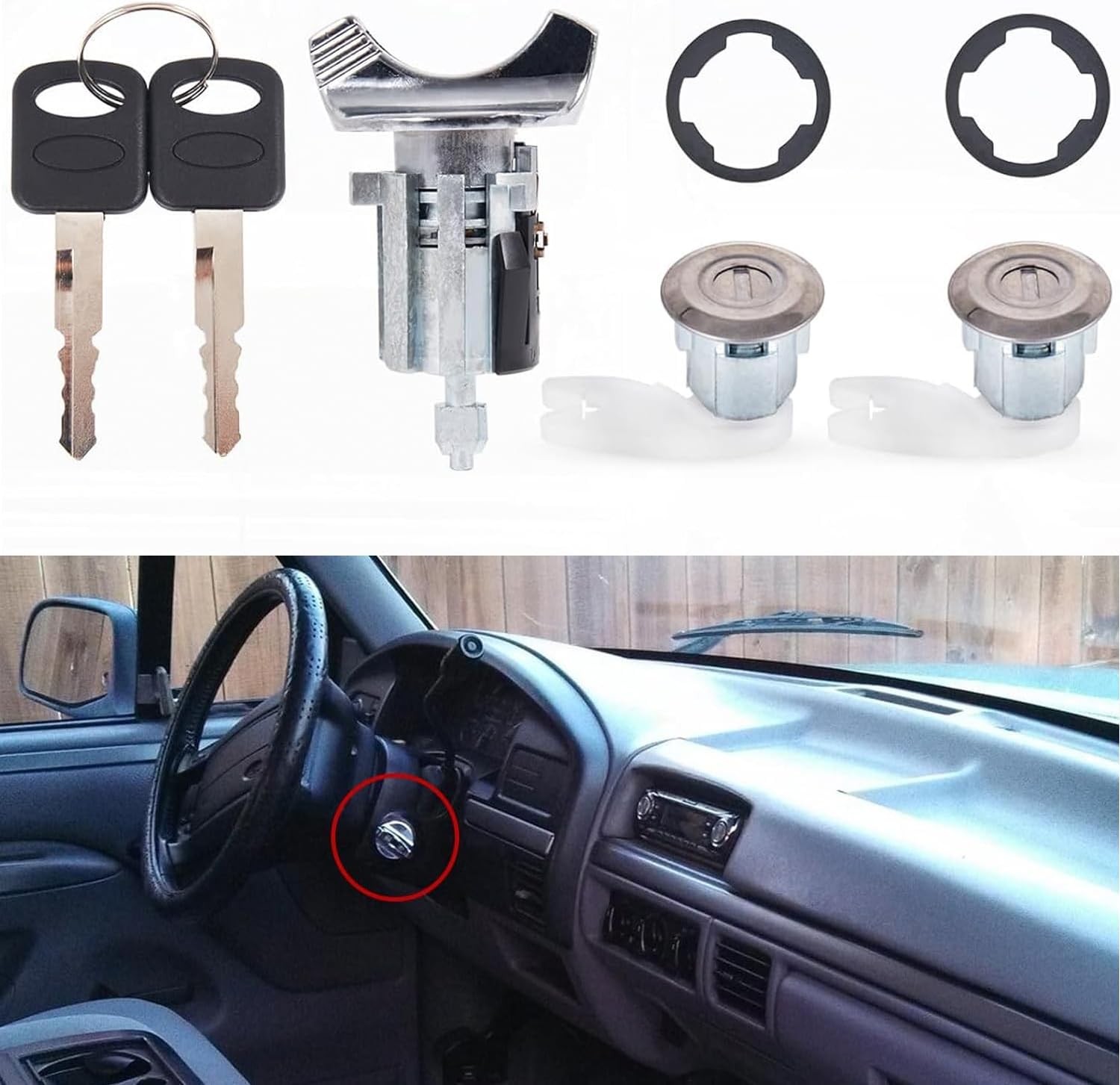 Ignition Switch Lock Cylinder Replacement Fit for 1992 1993 1994 1995 1996 Ford F150 F250 F350 Bronco Ranger Pair Front Door Lock Cylinder with Key C-42-147 DP-42-122 F3UZ1522050D
