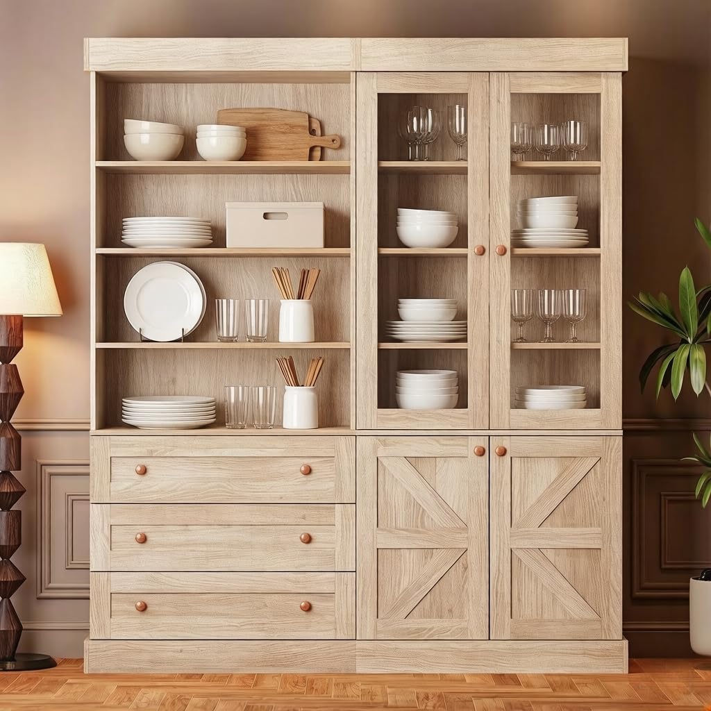 Vyre 71" Tall Farmhouse Kitchen Pantry, Large Storage Cabinets with Glass Doors, Hutch Cabinet with 3 Drawers &amp; Adjustable Shelves for Living Room &amp; Dining Room, Brown
