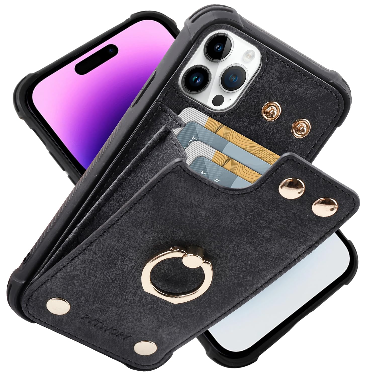 PYTWOPY Compatible for iPhone 15 Pro Wallet Case with Credit Card Holder,Leather Shockproof Protective Phone Cover 6.1 inch Supports 360°Rotation Ring Stand and RFID Blocking,Black