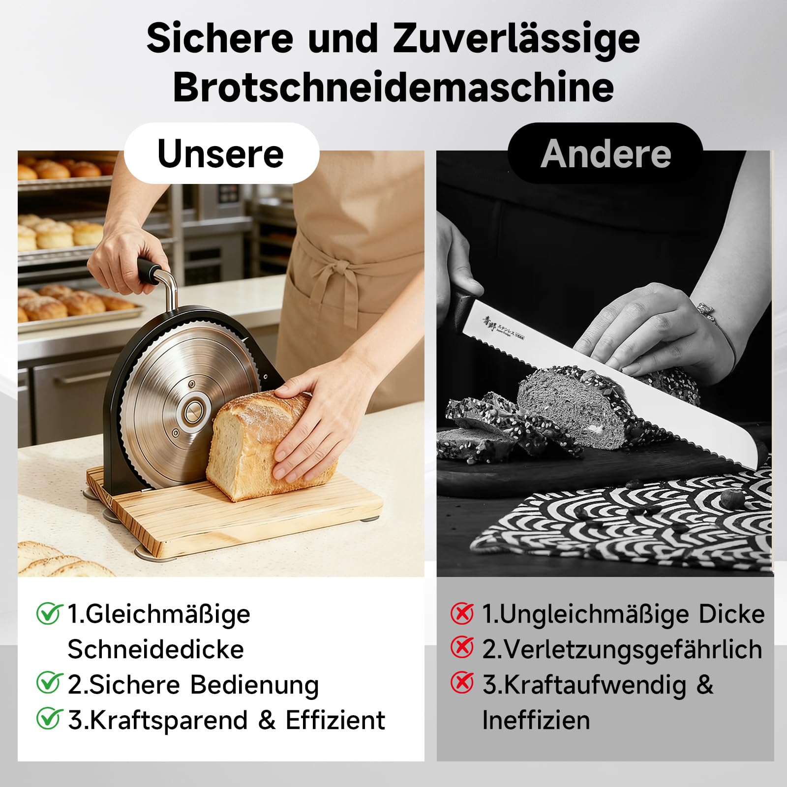 Brotschneidemaschine Manuell 0–15 mm Einstellbare Dicke, Rostfreie Stahlklinge, Skalenlinien & Saugnäpfe, Hell-Naturholz Design für Private und Kommerzielle Nutzung