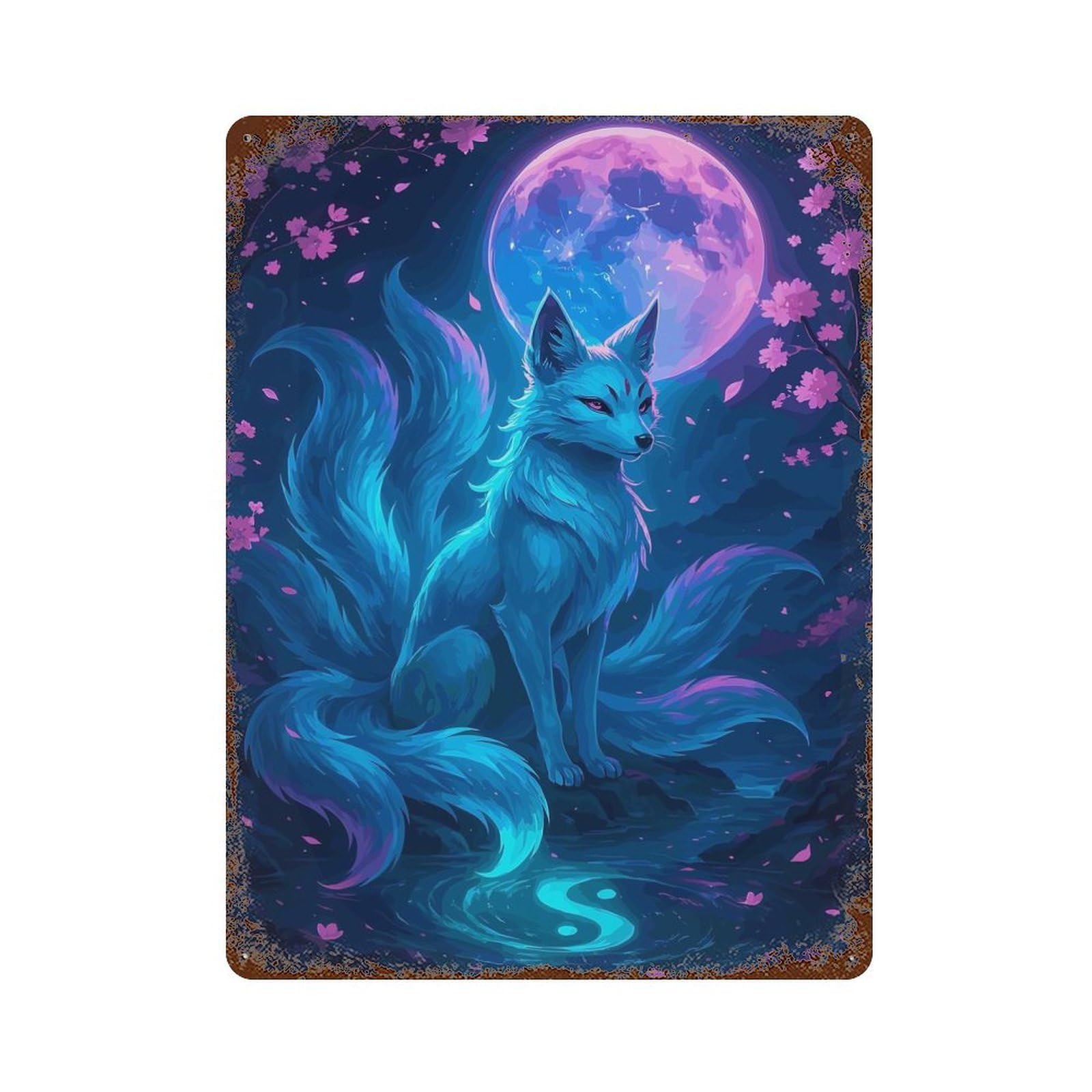 Nine-tailed Fox Under The Moonlight 15.7"x11.8" Retro Metal Sign, Vintage Wall Decor for Office, Studio And Wall Decor