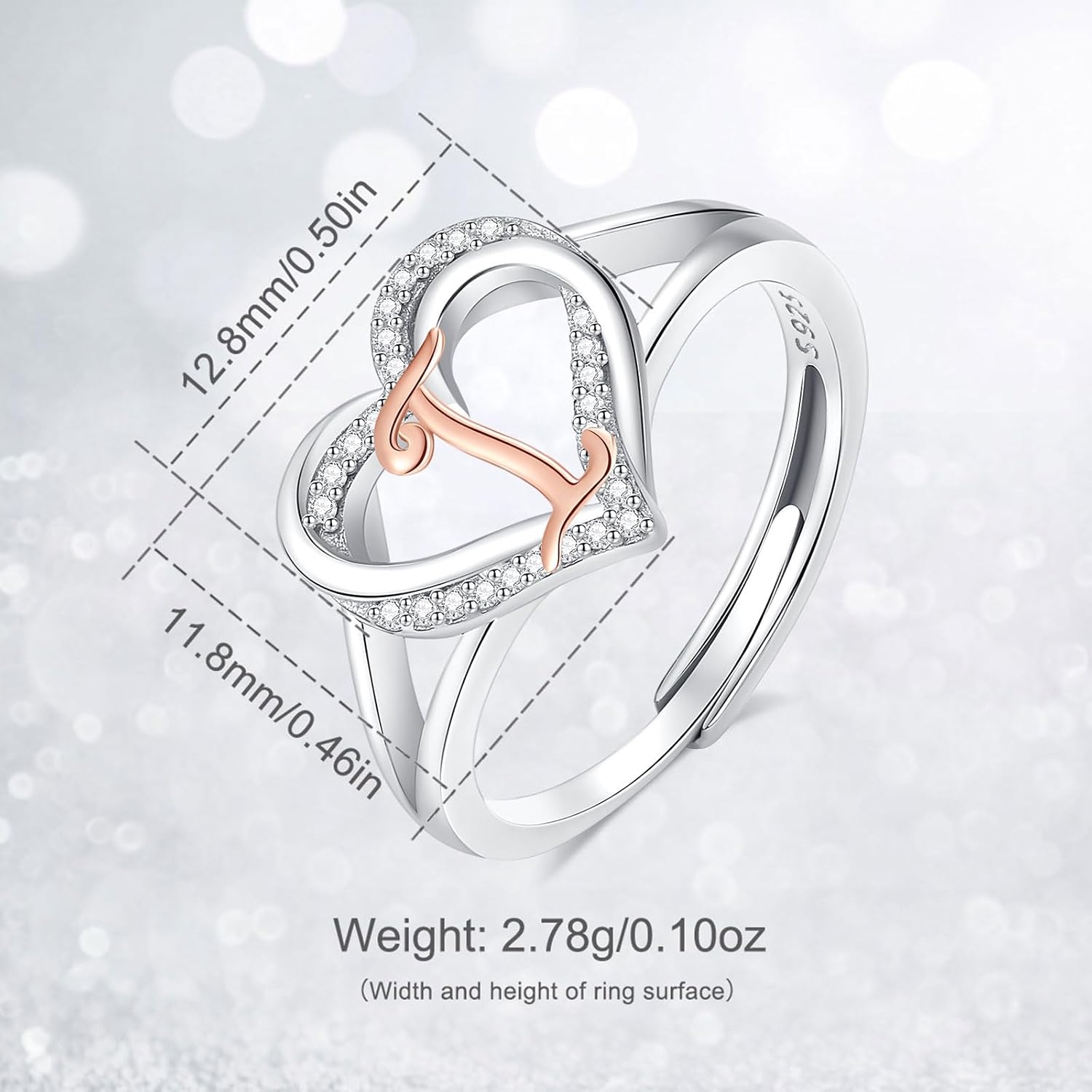 INFUSEU 925 Sterling Silver Initial Heart Ring for Women Girls, Adjustable Size