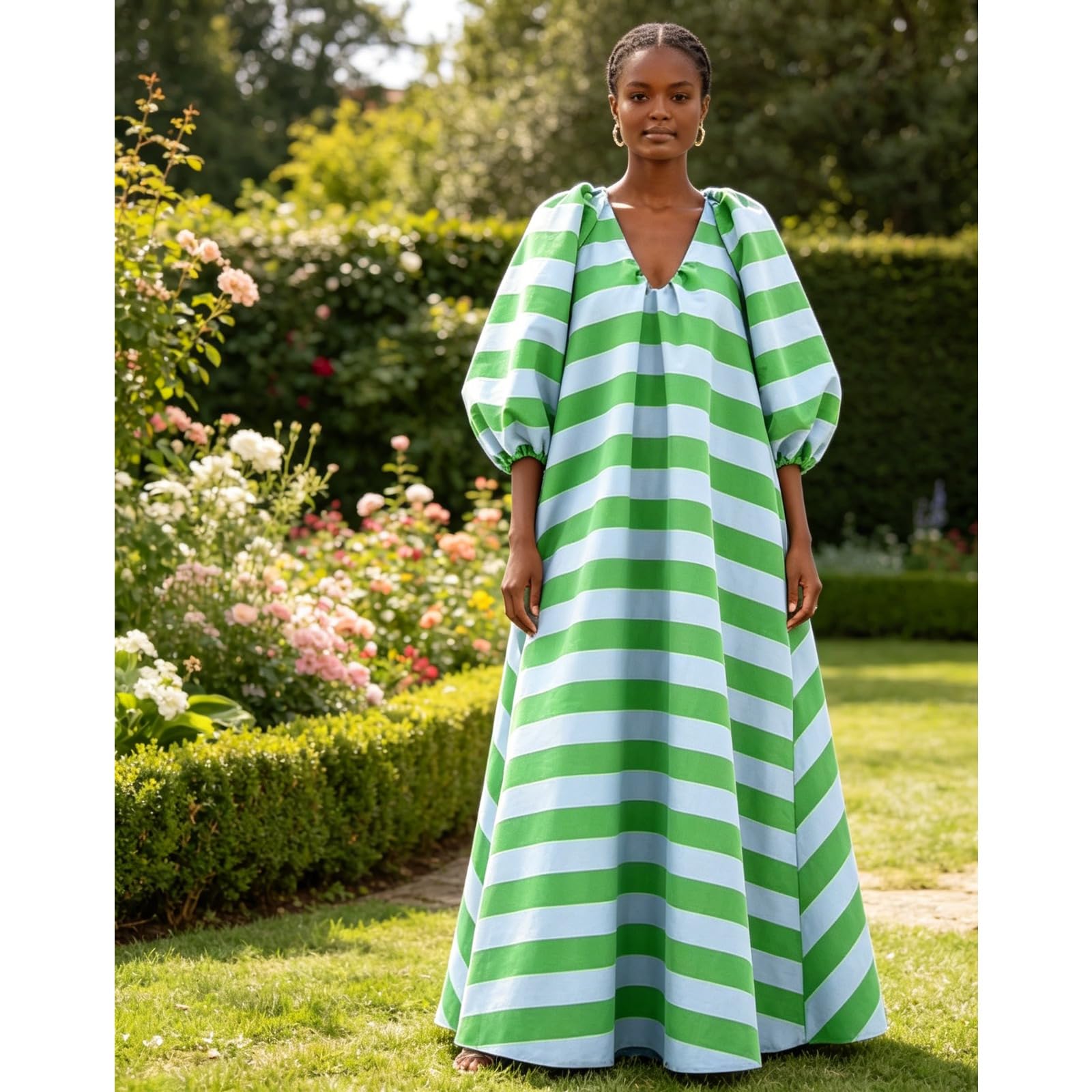 Maxi abito da donna a maniche a sbuffo a righe casual con stampa a mezza manica abito lungo con tasche