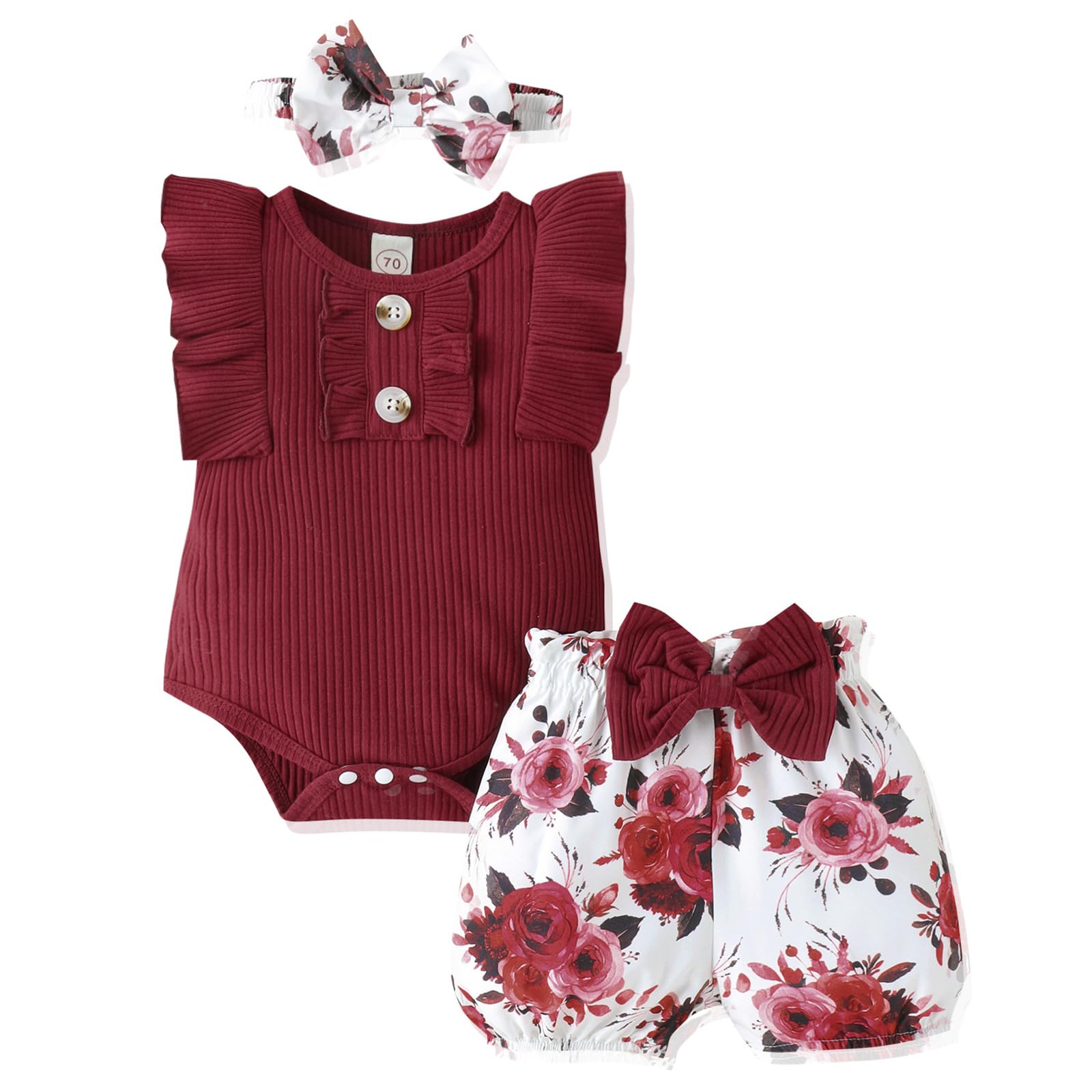 LUNFEGO Newborn Baby Girl Clothes Outfits Ruffle Romper and Short Pant Sets with Headband Infant Bodysuits