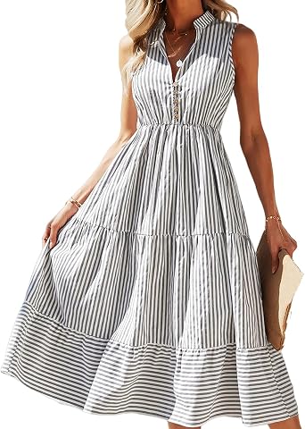 JSLOOO Striped Notched V Neck Dresses for Womens Ruffle A Line Sleeveless Casual Summer High Waist Loose Midi Dress