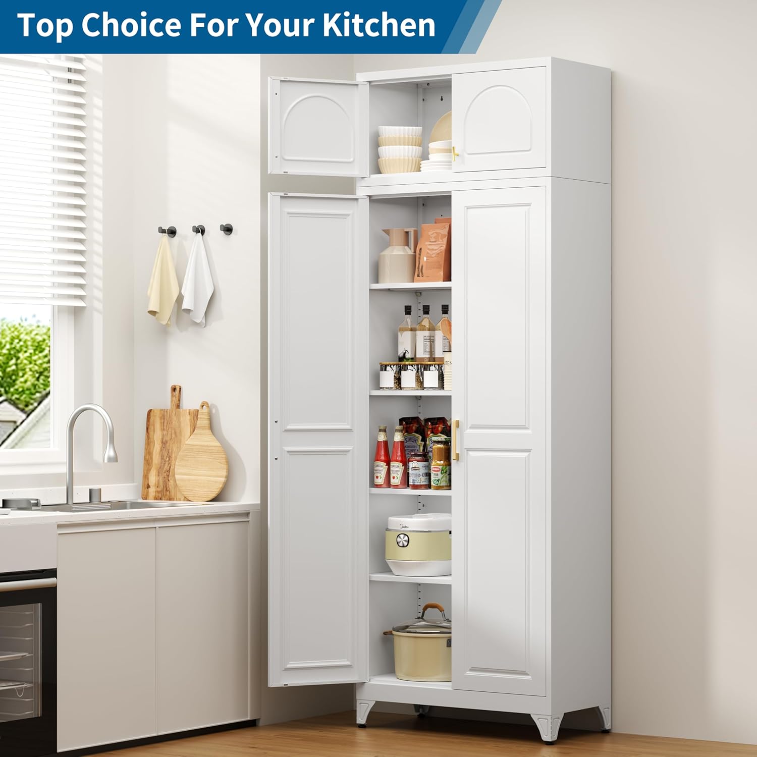 90 " Tall Metal Kitchen Pantry Storage Cabinet with Doors and 4 Adjustable Shelves, Extra Large Heavy Duty Steel Storage Cabinet for Kitchen, Garage, Living Room, Bedroom , White (2 Packages)