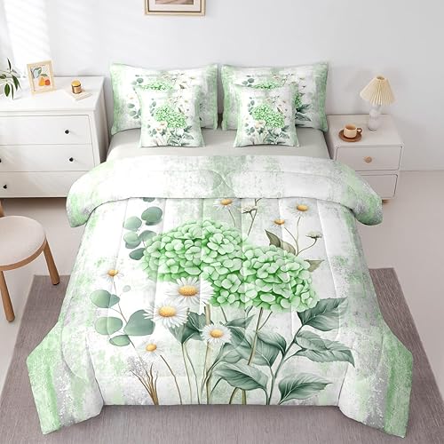 Green Hydrangea Flower King 7-Piece Bedding Set Spring Bloss