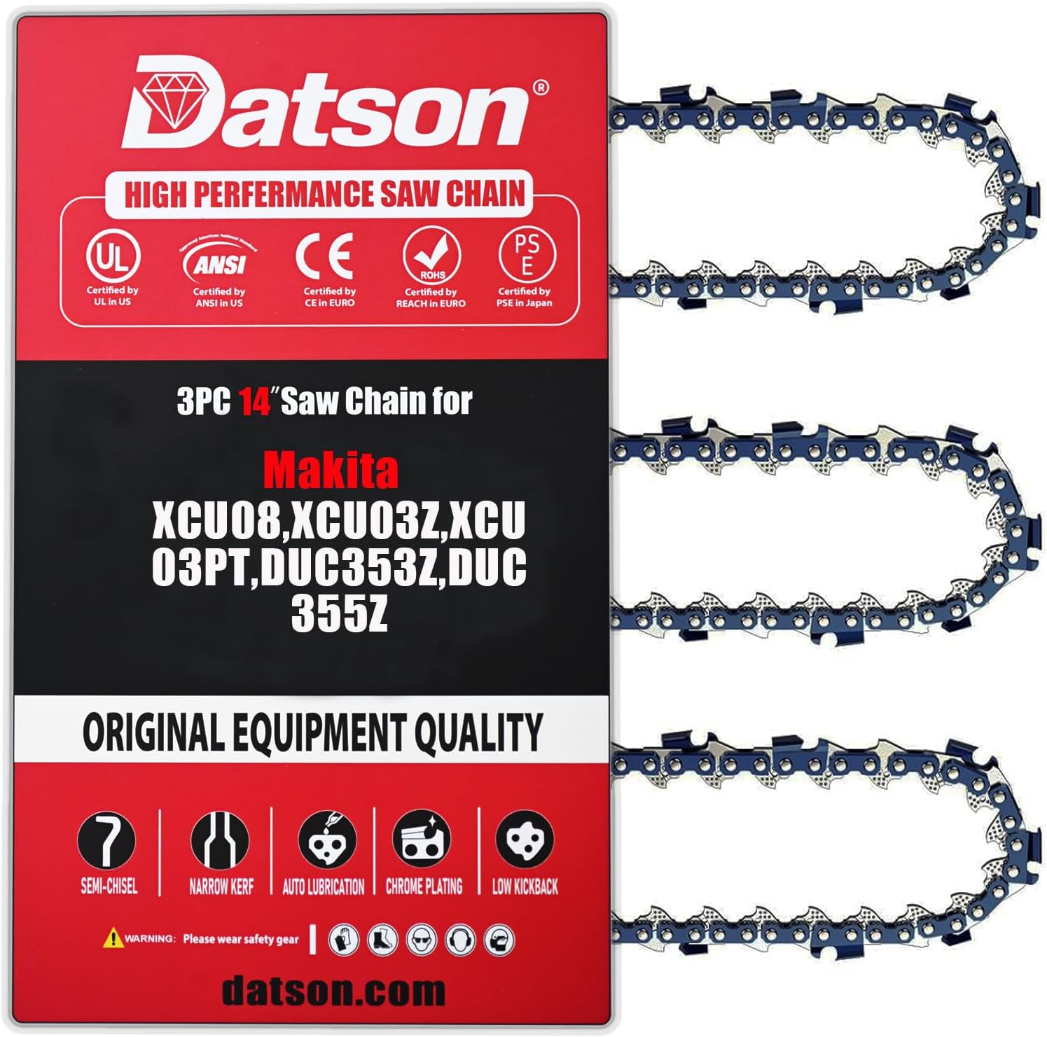 3PC 14 Inch Chainsaw Chain for Makita XCU11Z / XCU03PT / XCU03PT1 Chainsaw, 14" Replacement Chain for XCU07Z / XCU08Z Chain Saw - E-00228-3/8" - .043" - 52 DL