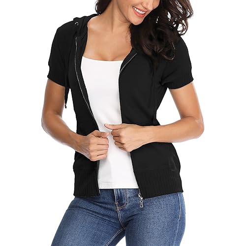MISS MOLY Women's Zip Up Hoodie Short Sleeves Hooded Jacket Casual Lightweight Sweatshirt with Pockets