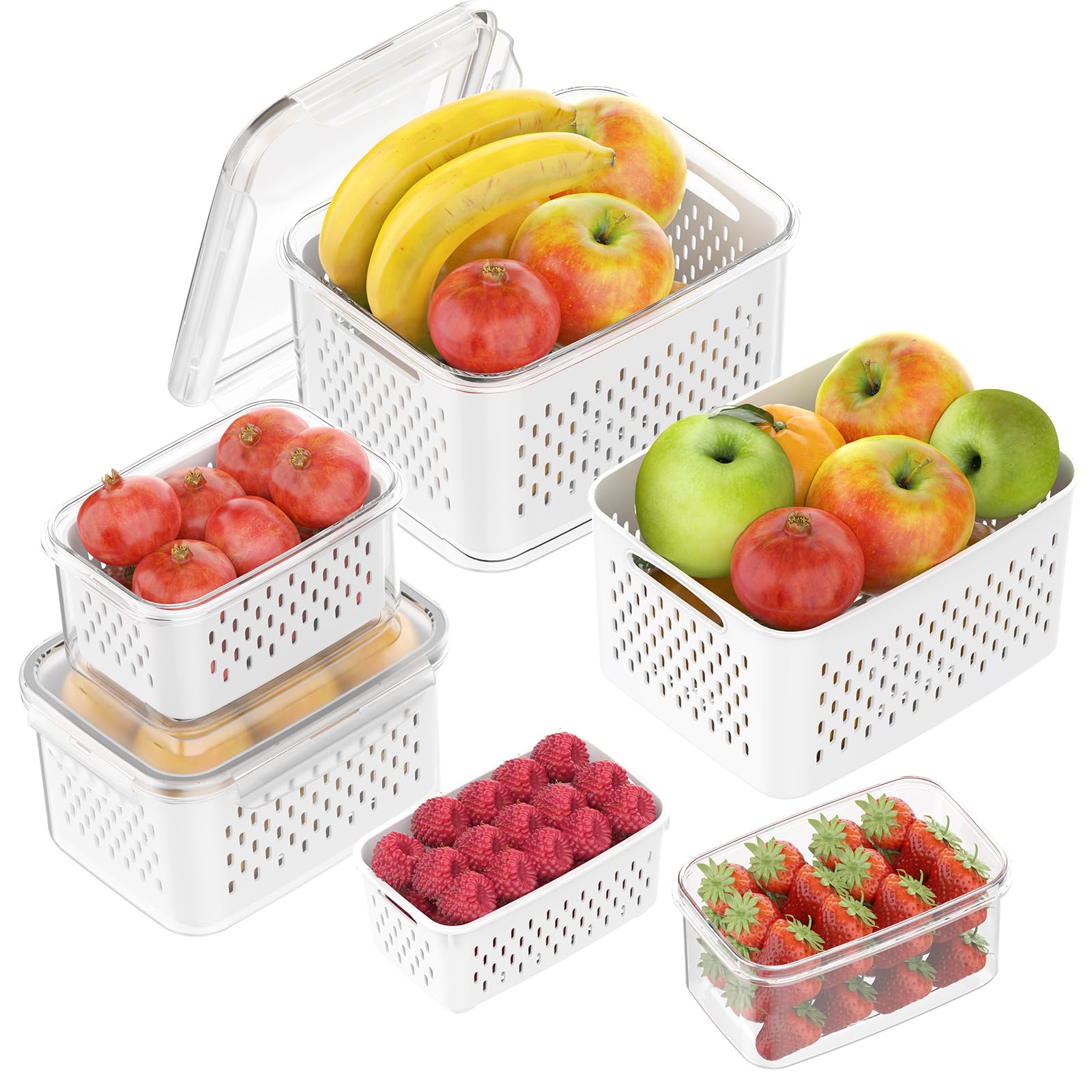 4 PCS Fruit Storage Containers for Fridge with Removable Colander, Dishwasher Safe Produce Saver Container for Refrigerator,Airtight Food Storage Container